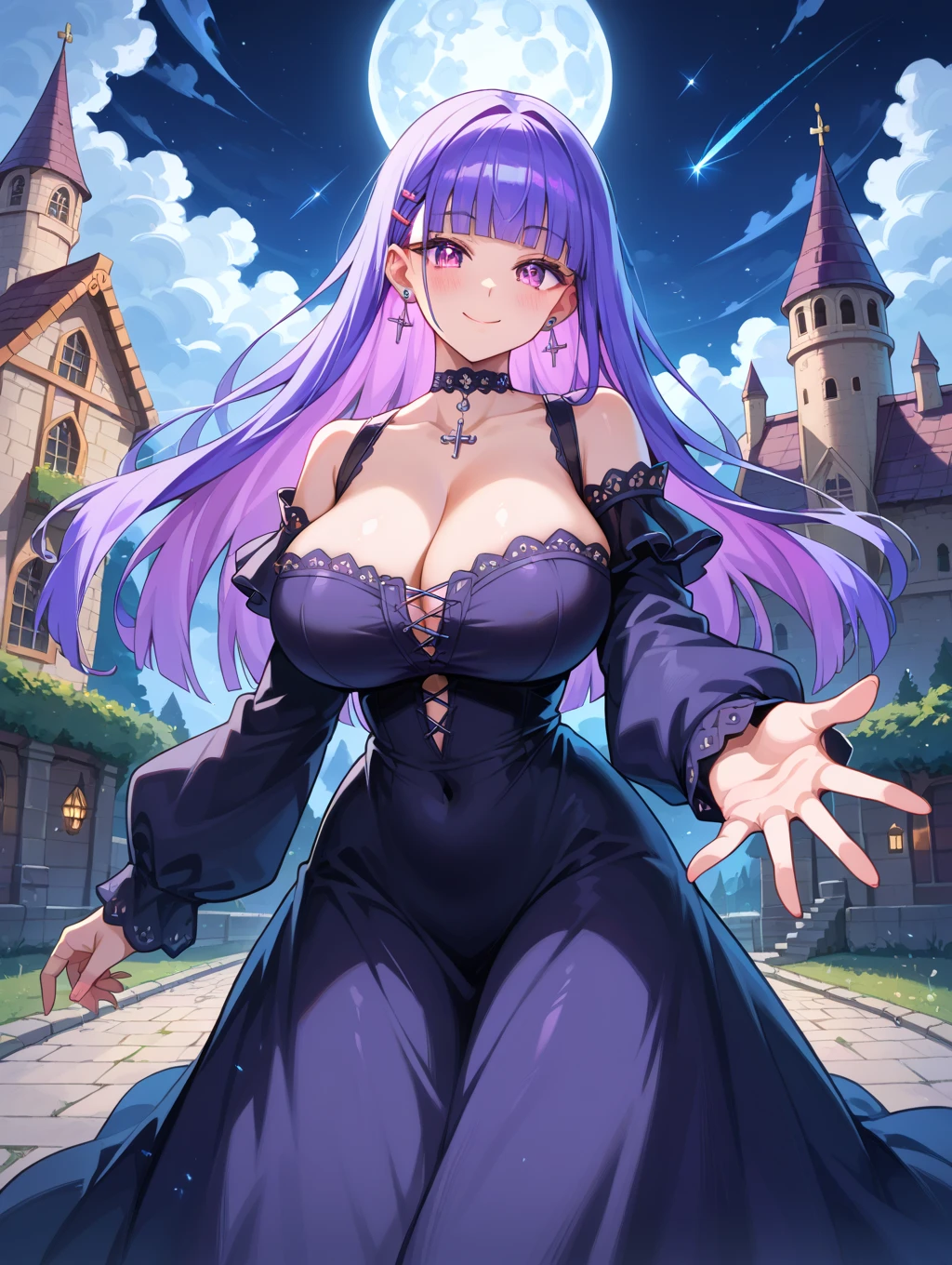 Lian, violet hair, hair stick, bangs, blue eyes, solo, smiling, standing, upper body, hips, bare shoulders,purple thighhighs, black dress, gold jewelry,armor,gloves,circlet, cleavage, red and gold royal castle, gigantic breasts, (best quality, masterpiece, beautiful and aesthetic:1.2, highest detailed face, perfect face,) eyes, perfect face,expressive eyes,
looking at viewer, in the center of the image,(Upper_body),(Focus on her face),
official art,extremely detailed CG unity 8k wallpaper, perfect lighting,Colorful, Bright_Front_face_Lighting,shiny skin,
(masterpiece:1.0),(best_quality:1.0), ultra high res,4K,ultra-detailed
