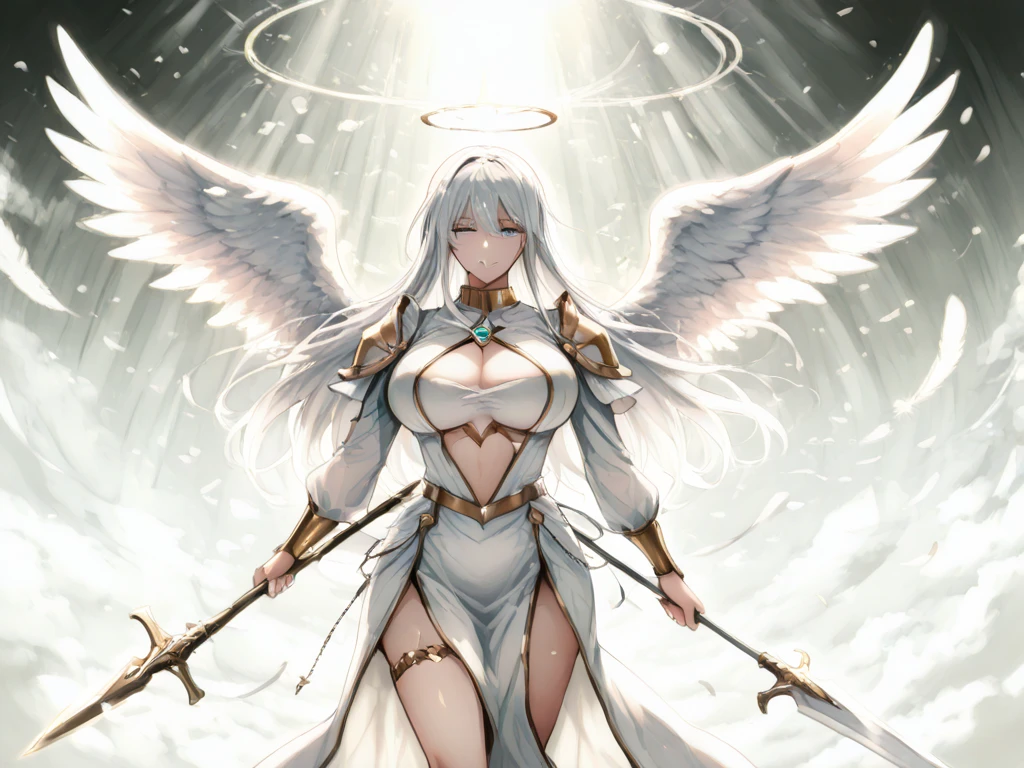 anime - style image of a woman dressed in a white dress with angel wings, white haired deity, guweiz on pixiv artstation, guweiz on artstation pixiv, digital art on pixiv, detailed digital anime art, artwork in the style of guweiz, smooth anime cg art, anime style 4 k, angel knight girl