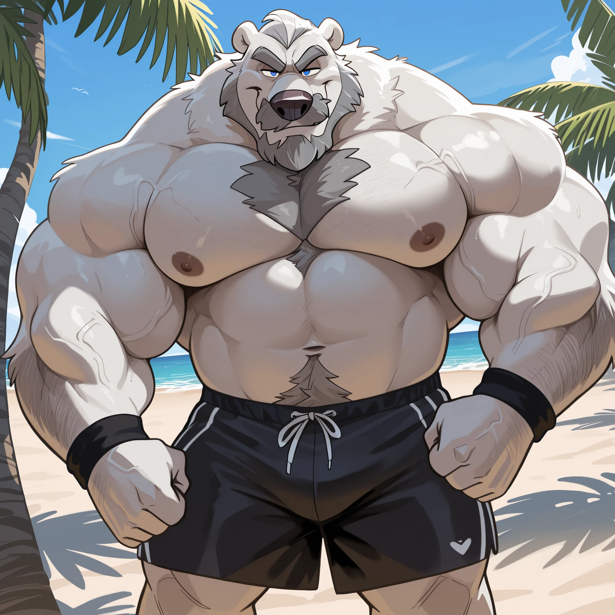 ((by Bebebebebe, by Wfa, best quality, masterpiece, perfect anatomy, detailed picture)), 1male, Polar Bear, white furs body, dark yellow eyes, Adult body, fat muscular body, tail, red thong, Flexing the right arm, in the beach background