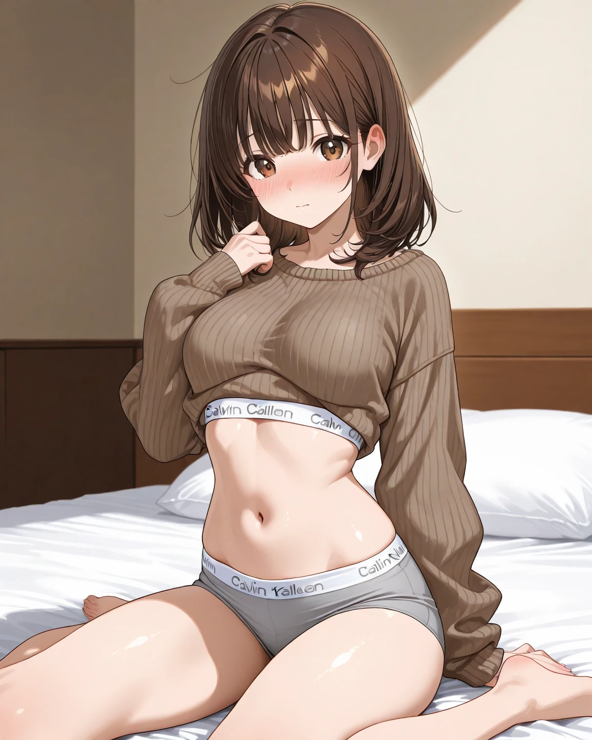anegasaki nene、Shiny brown hair, short hair, (Beautiful brown eyes、Sparkling eyes, Fine grain)、smile、Ultra-detailed eyes、Highly detailed face, Highly detailed eyes,Cowboy Shot、
(Highest quality、8k、32K、masterpiece、Hmph:1.2)、Cute Japanese Women Photos、Mid-chest、delicate、Thin thighs、Upper Body、(Extra Large_sweater:1.1),Removed clothes、underwear、necklace、Simple Background、Look around