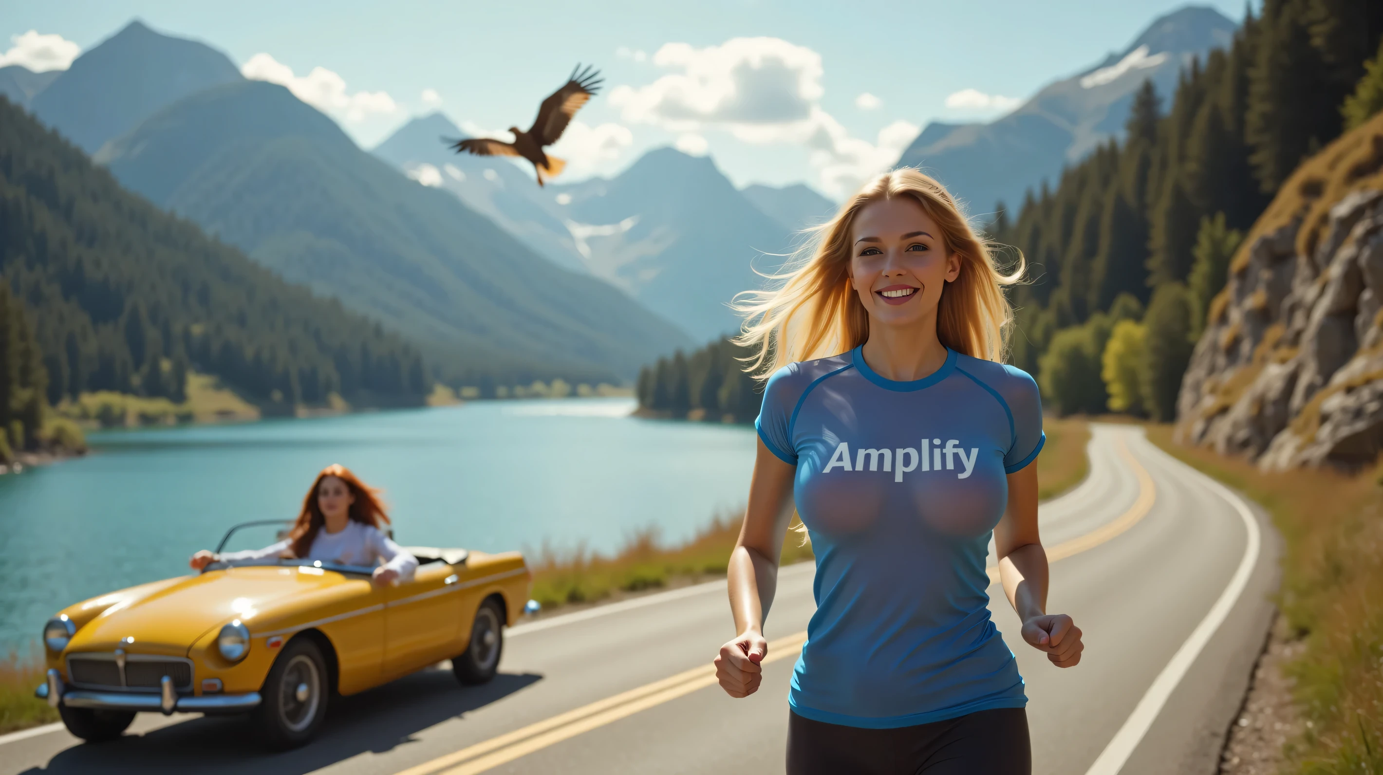 Transparent, pokies, nipples, giant breasts, panoramic view, birds eye perspective, 28 mm, whole body, detailed style, (no lens flare:1.5), UHD, masterpiece, super detail, 4K, depth of field, award-winning nature photograph, (masterpiece:1.5), extremely detailed body, Extremely detailed landscape view, Octane Render, ultra realisic, HDR, sharp-focus, scene of a stunning blonde skin supermodel running at a curved road in a pittoresk landscape with mountains, trees and a blue lake, she is wearing transparent blue t-shirt with round neck and long dark color leggings, text “Amplify ApS” is printed across the chest, she smiles happily to camera, a red haired young woman is passing, driving an old open sportscar, car is yellow metallic color, sunshine with sunbeams reflecting on the car, she is smiling to the running supermodel, dressed in a white shirt long sleeves and laces, double DD cup breasts, stunning hot look, pointy nipples, she is stunning sexy, there is a warm golden atmosphere, a single eagle in the sky above the lake