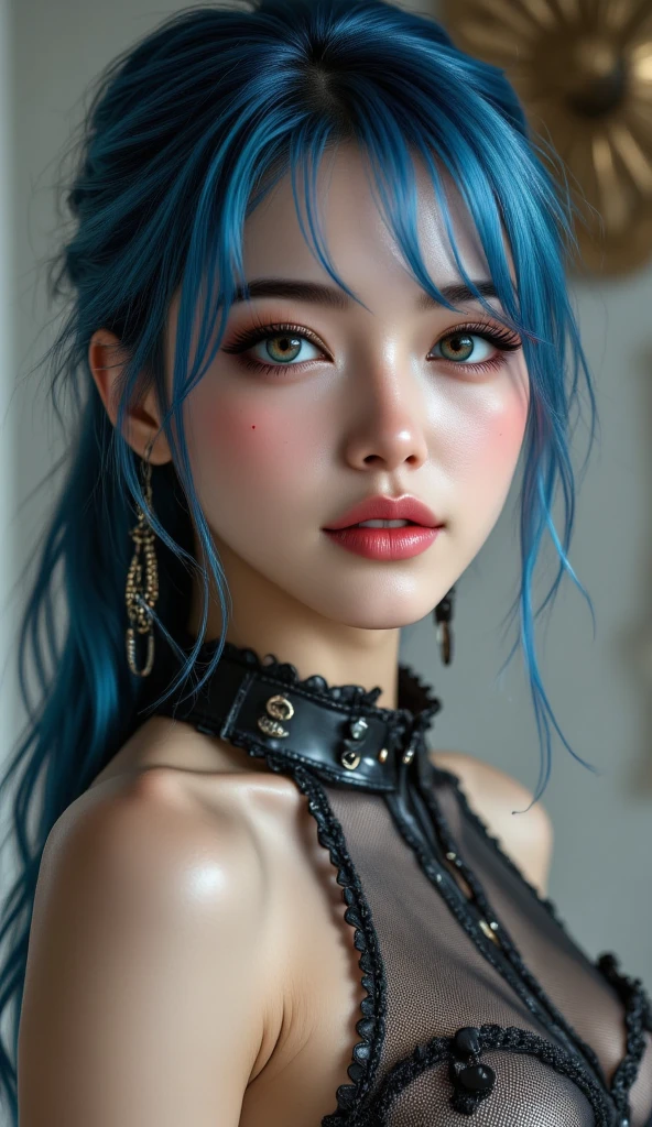 (8k,RAW Photos),(The best quality),(masterpiece),(being realistic,)(Photorealistic and realistic.),(A high resolution),Hyperdetail,(hentai realism:1.1),Beautiful face,
(1woman:1.1),female pervert,(I look at the viewer),cowboy lens,Japanese,
Xiaonan\(Naruto\),(TRAVEL:1.1),Piercing La Brett,neckline,Off the shoulder clothing,smile,Being red in the face,Upper body photo Dark blue hair,
Professional lighting、Photon mapping、physically based rendering、
Dark theme,