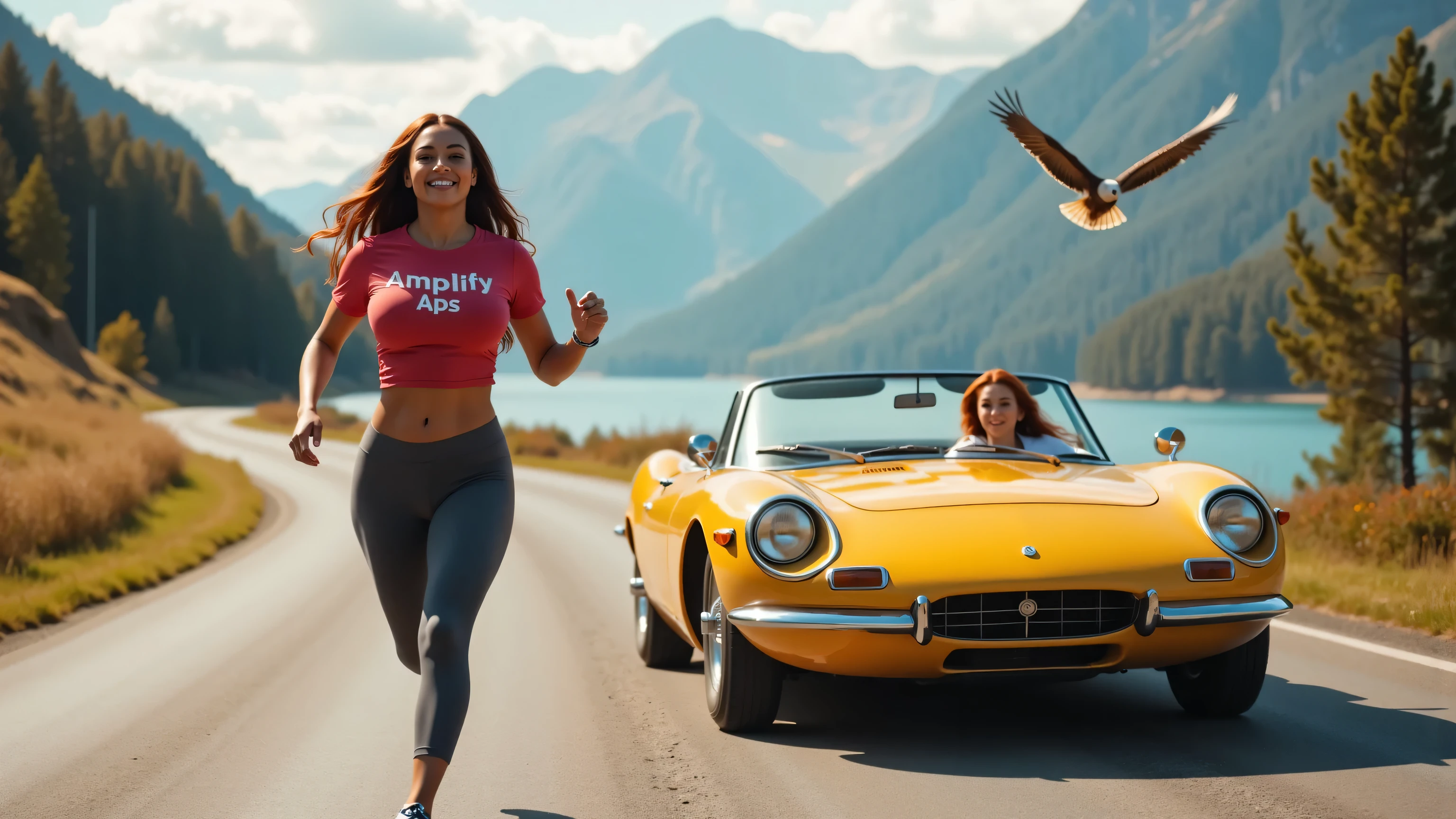 Transparent, pokies, nipples, giant breasts, panoramic view, birds eye perspective, 28 mm, whole body, detailed style, (no lens flare:1.5), UHD, masterpiece, super detail, 4K, depth of field, award-winning nature photograph, (masterpiece:1.5), extremely detailed body, Extremely detailed landscape view, Octane Render, ultra realisic, HDR, sharp-focus, scene of a stunning black supermodel running at a curved road in a pittoresk landscape with mountains, trees and a blue lake, she is wearing semi transparent red and pink t-shirt with round neck and dark grey leggings, double DD cup breasts and text “Amplify ApS” is printed across the chest, visible pokies and nipples on her breasts, she smiles happily to camera, in the foreground a red haired young woman is driving by in an old open sportscar, car is yellow metallic color, woman is dressed in a white shirt and she smiles and look at the running supermodel next to the car, sunshine with sunbeams reflecting on the car, stunning hot look, pointy nipples, she is stunning sexy, there is a warm golden atmosphere, a single eagle in the sky above the lake