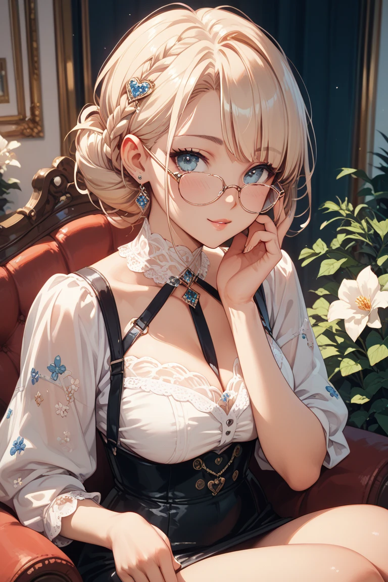 (Marco),Perfect ,don quixote \(limbus company\, Naked、Blonde hair, a beauty girl、eye glasses、middlebreasts、Short hair, hair between eye, Orange Eyes、Neat white blouse、Stuffing collar、cleavage of the breast、a necklace、Breathless、pierced nipple、Chain scientist hat from the nipple、Basketball Hand、armor、`She has a book and a phone、(college campus )、Upper Body Up、hiqcgbody