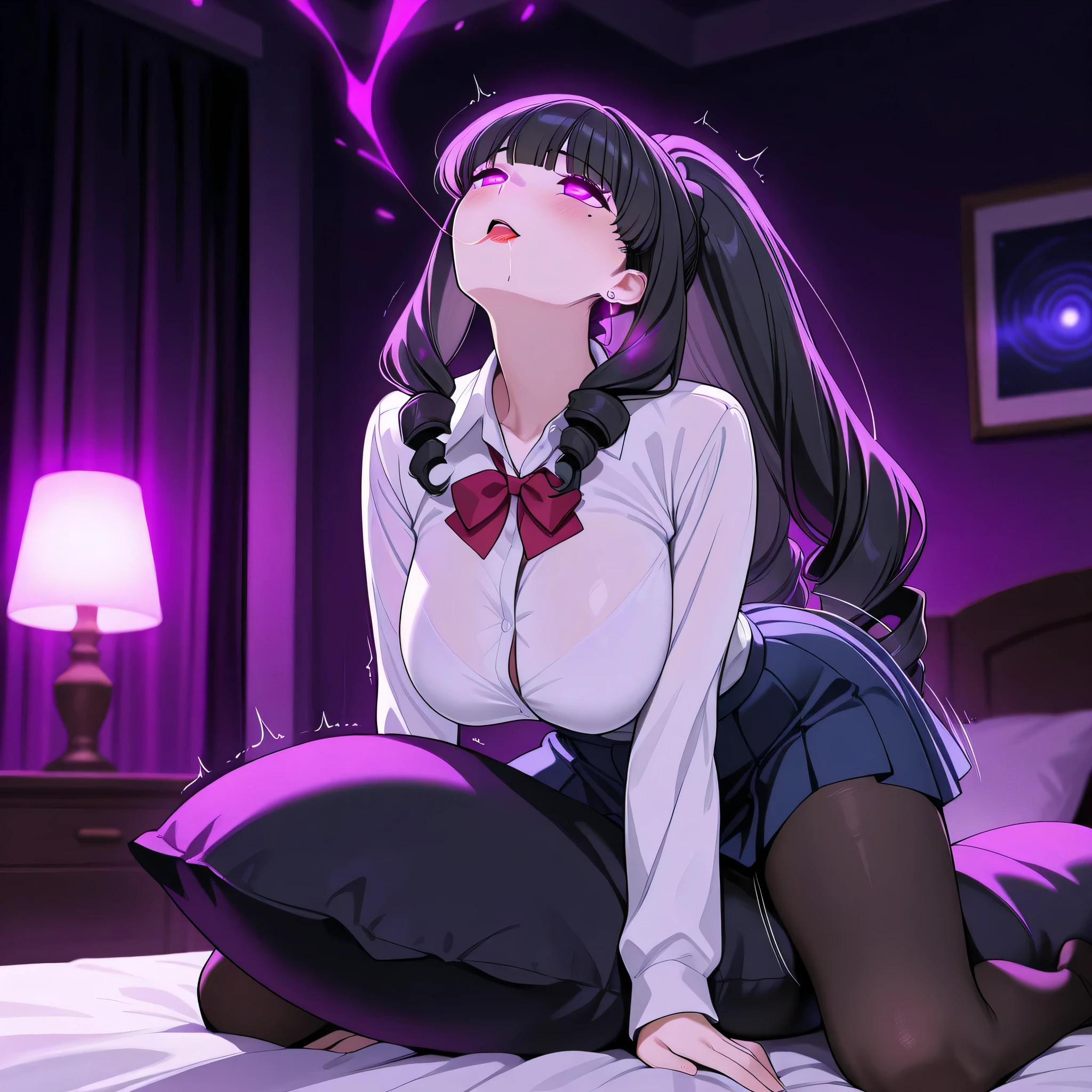 A 22 year old woman, with long black hair, purple eyes, and white skin tone, has an emo personality, likes dark things and horror things, lying in bed , with flushed cheeks, shyness, clothes off, wet, sexy, heart in eyes, crazy yandere, heart in pupils, no shirt, showing back, doing adult things, Crazy, no Clothes, no panties, having orgasm, hentai, smilling, having Fun, sucking a dick, and cumming in pussy, sexy.