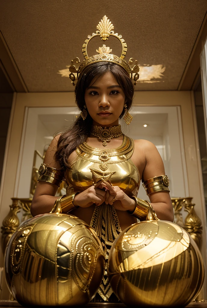 a javanese beautiful war general with incredible beauty wearing ancient javnese war armor adorned with gold and jewels getting ready to siege her enemies, behind her is the majestic mountain
