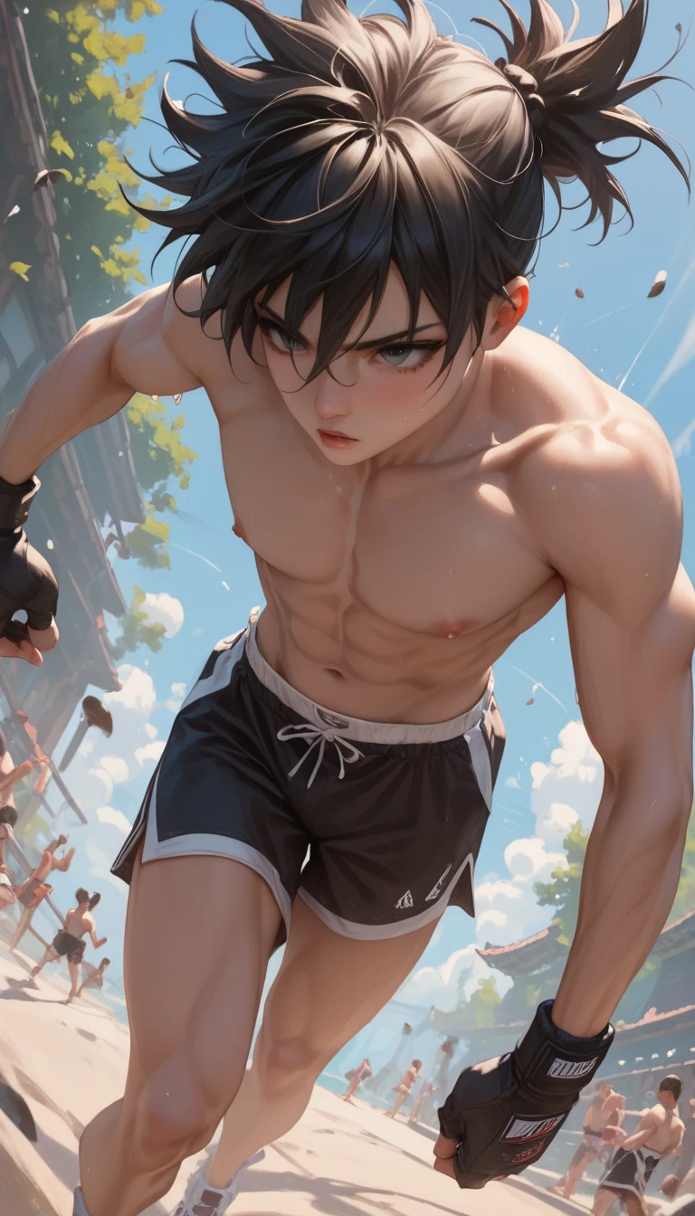 8k wallpaper, masterpiece, a japanese young male, detailed eyes, nude, (in public:1.3), collar with chains, shy, (sorrowful:1.2), shed tears, (cry a lot:1.2), black short hair, short height, be hit wih a whip, despair, underground, slave, humiliated, (many men around him:1.2), punishment, torture, a bullwhip,bdsm