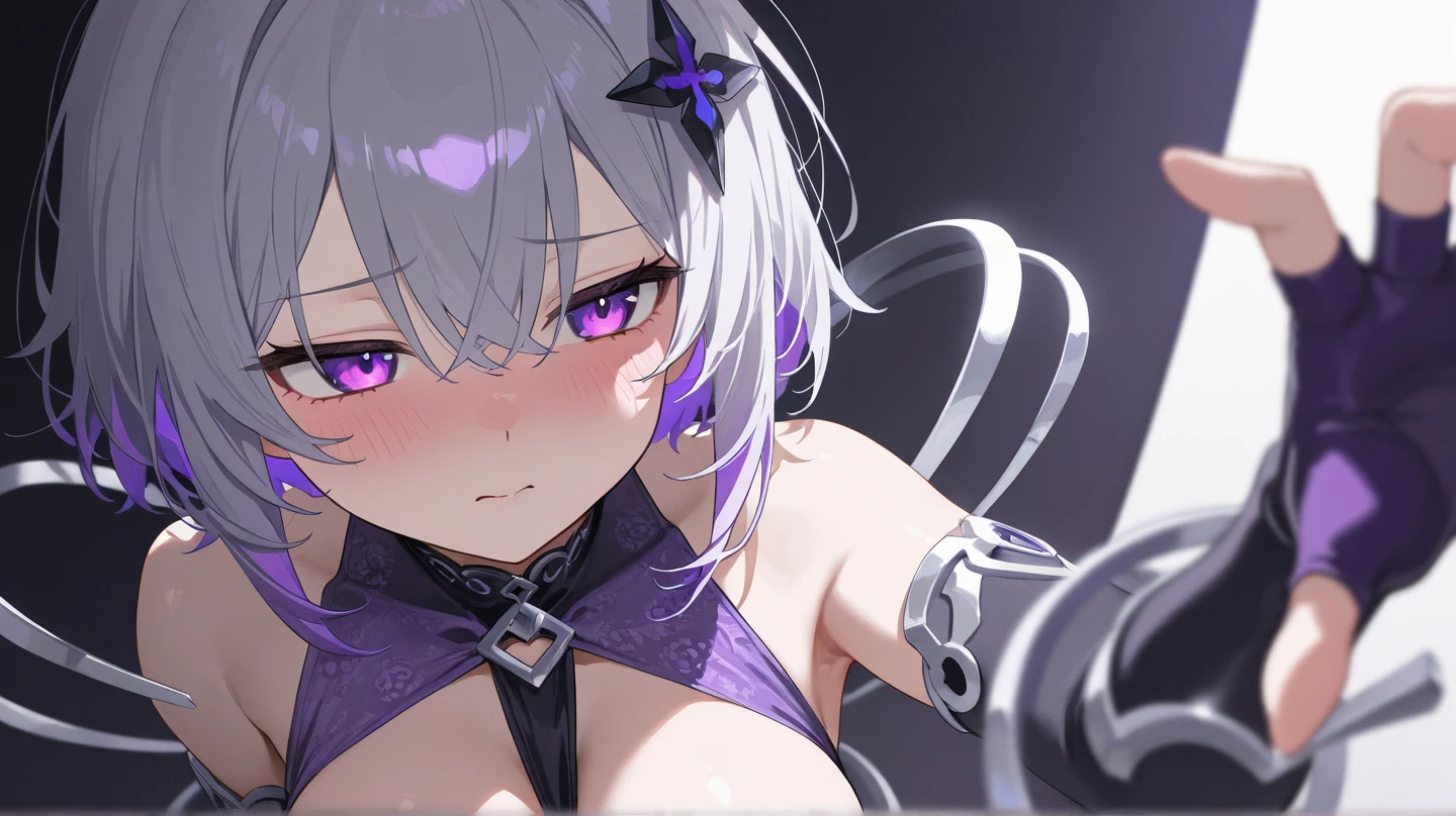 (tmasterpiece，best qualityer，A high resolution)，Lifelike depiction of details，Perfectly presented 8K wallpaper，night background，Extreme light and shadow，cyber punk perssonage，closeup cleavage，(bust)，1girll，with short white hair，(Superbly detailed eyes)，eye shadows，(Grey bikini on the upper body)，((flatchest))，wind coat，short  skirt，