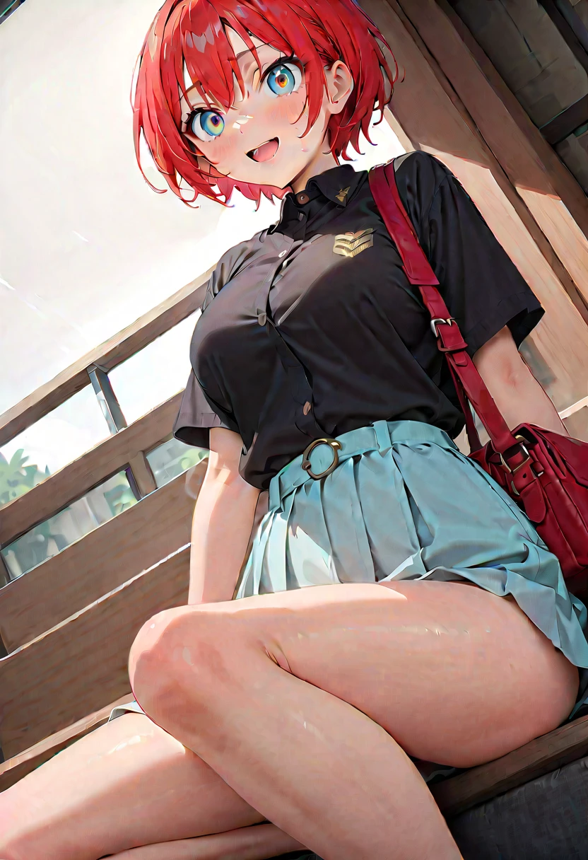 (Masterpiece), Best Quality, ultra-detailed, 1girl (Gwendolyn_Tennyson, lovely small breasts, orange hair, short hair, green eyes, half-closed eyes),evil face, mascara, full makeup, red eyeshadow, red lipstick, smirk , parted lips, nose blush, blush, facing viewer, looking at viewer, solo, shirts, cleavage,
red lace bra , pleats skirt(black pattern),pink skirt, ultra mini skirt, red lace panties,loose socks, in the classroom, night time, , sitting, sitting on desk, spread legs, come-on, lure,, Sexy waist teasing, , Full-body , from_below