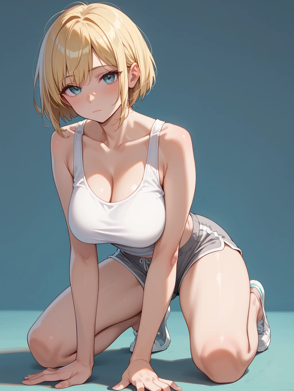 High Resolution, Best Quality, Beautiful Girl, White Swimsuit, No Blushing Cheeks, Club Room, Blonde, Short Cut, Kiss