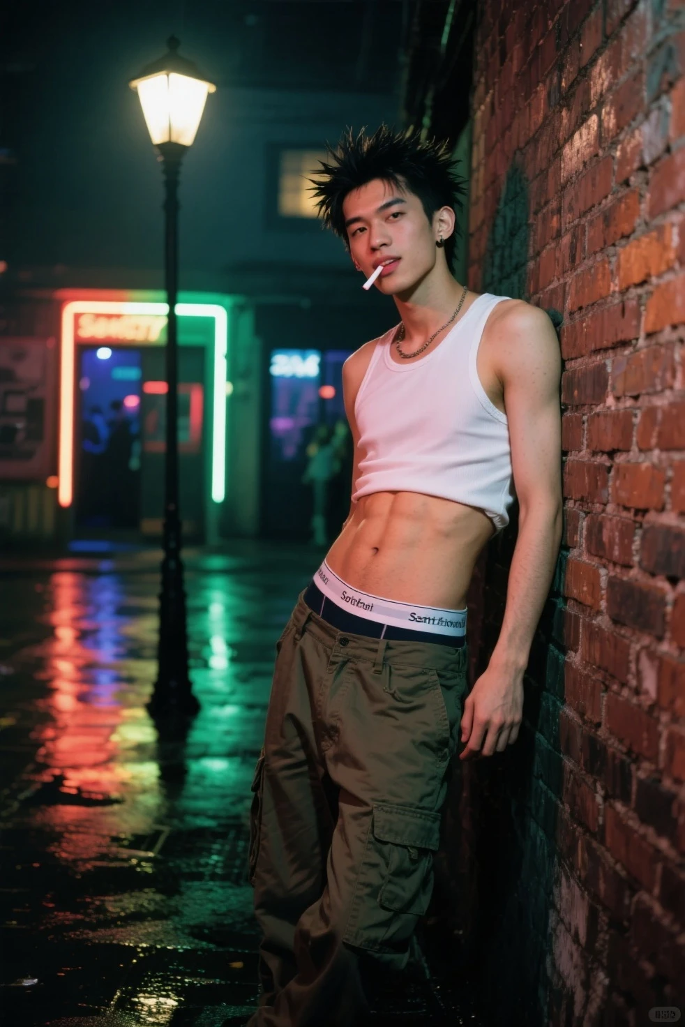 Handsome young man,Asian people,teenager,Take off your shirt.,Wear green underwear,leaning against the door,bedroom,There are neon lights.,