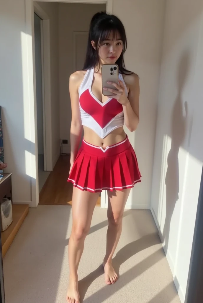 Selfie, Ultrarealistic, 17 year old teen girl, pretty face, white skin, dark brown hair, wearing a top, (selfy with front camera), upper body, in her bedroom, sexy legs, red mini school skirt