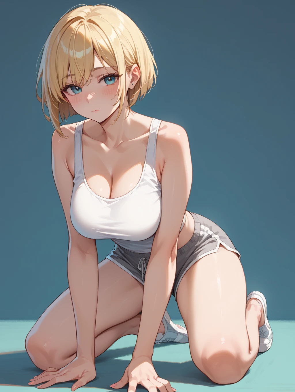 top-quality, A high resolution, 18 with, 1girl in, android 18, solo, blond hairbl, eBlue eyes, short detailed hair, 耳Nipple Ring, jewely, Sport Tank Top,You can see the white panties on the knees, mini panties,Sleeveless、Beautiful facial features、The right leg stands upright,White panties visible.、Beautiful navel、beautiful thigh、 transparent panty, medium breasts, cow boy shot, street, cropped shoulders, No shoulder strap,Bigchest,big breasts thin waist,long leges,nakeness,Bare lower body,Bare breasts