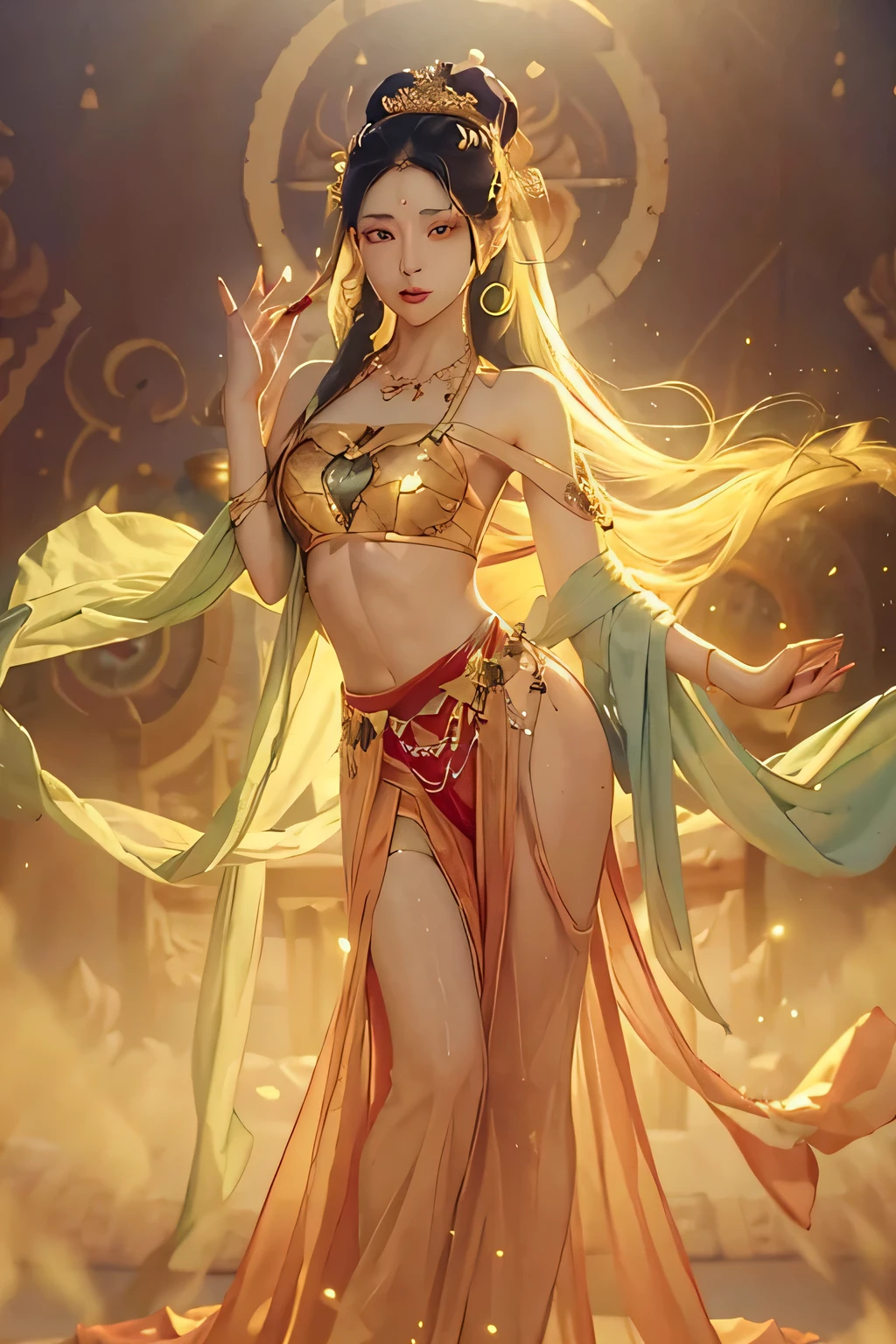 Dunhuang style, 1girle, shoulders, navel, flying fairy, Dunhuang mural in background, dance, white hair, lots of hair, very long hair, hair accessories, ribbons, earrings, gold jewelry, hair bubbles, copper bells, red clothes, translucent, flowers on the head, gradient eyes, smile, barefoot, no shoes, full body portrait, surrealism, high detail, romanticism, cinematic lighting, glitter, reflected light, masterpiece, super detail, textured skin, anatomically correct, high detail, best quality, high quality, high quality, Award-winning, 8K