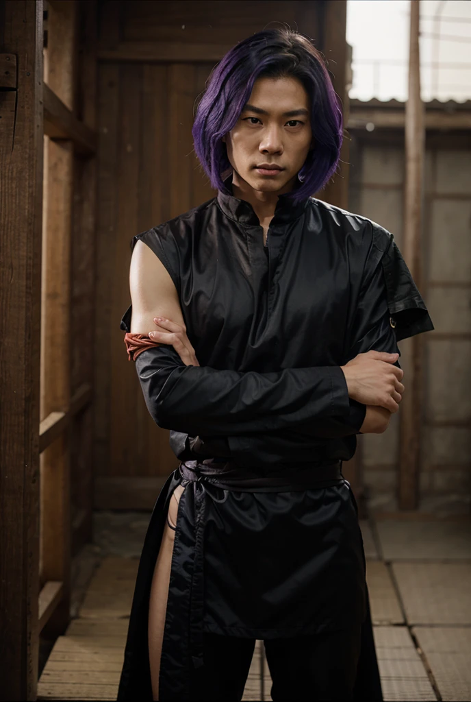 Sorcerer a pinkhightlightbluehair men, wearing a , fasion hair, fasion hair, slim body, hood, hakama, men, handsome face, tall 187cm, 21yearold, male, Secret, magicbook, red eyes, villianface