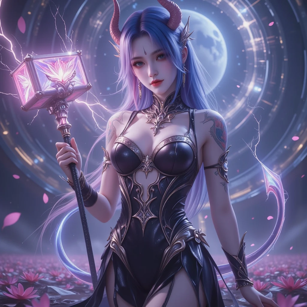 An adult tall woman, a war goddess, black hair with gray streaks, high ponytail, purple eyes, divine light, open white clothes, indifferent gaze, lipstick, dragon horns and tail, spears, reference, full height, phoenix