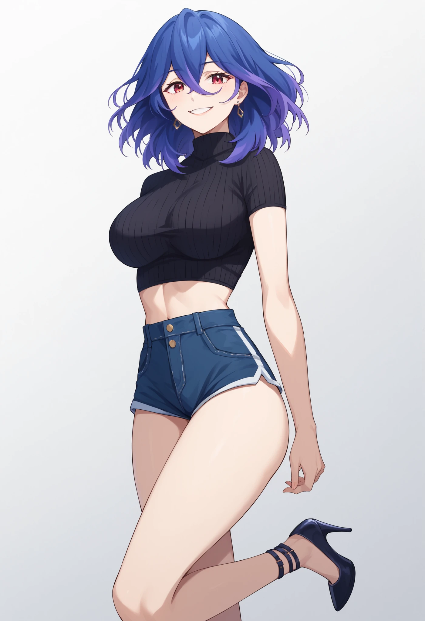 score_9, score_8_up, score_7_up, score_6_up, score_5_up, score_4_up
vermeil, vermeil, red eyes, hair between eyes, blue hair, purple hair, multicolored hair, medium hair,, thighs, smile,
looking at viewer, 1girl solo, ,,,,,,, earrings big breasts , locking at viewer, standing , high heels , , white background, empty background, wearing a tight ribbed black long-sleeve crop top, short black athletic shorts with white trim and drawstring, very slim waist, COWBOY SHOT,