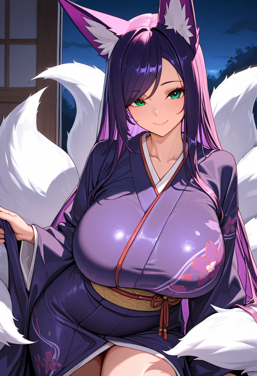 kochou shinobu, 1 Girl, alone, Multicolored Hair, No bangs, Valletta, Purple eyes, amount,  Haori, butterfly, japanese mansion, ((Highest quality)), ((Very detailed)), masterpiece, Confused, (fine grain, Deep Eyes), Detailed pupil, 1 female,(Happy:1.1),(smile:1.2),Bright Face,,Big Breasts, Tight waist, Medium Hips, wide thighs,anime,Completely naked,Nipples