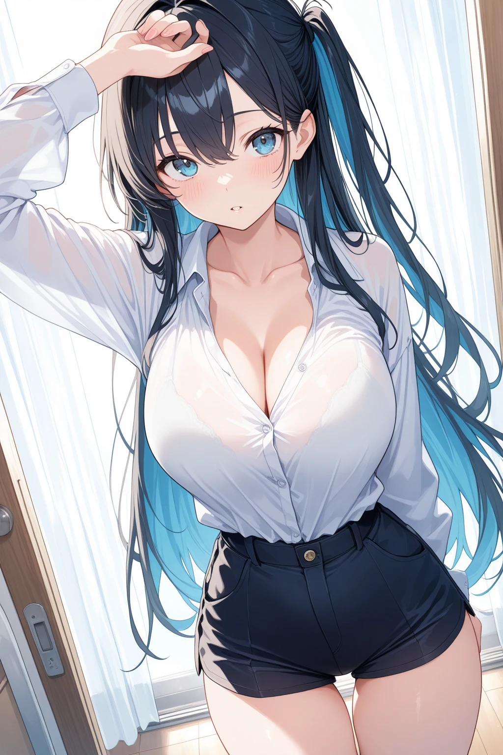 ((best qualtiy, 8K, tmasterpiece:1.3)), Sharp:1.2, perfect figure beautiful woman:1.4, Slim abs:1.2, ((Layered Hair Style, huge tit:1.3,cleavage:1.2)), (A long shirt with transparent wet white buttons:1.1),(Sateen,the street:1.2),Get wet:1.5,Highly detailed facial and skin texture,A detailed eye,double eyelid,Look sideways at the camera