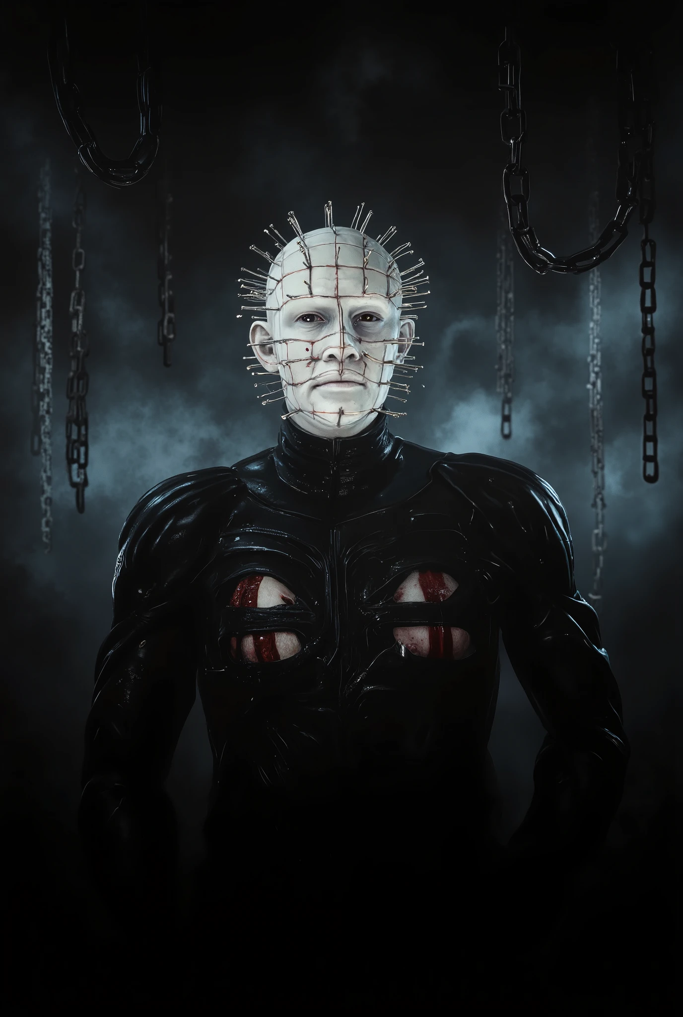 Hellraiser, Pinhead, portrait, dark room, large chains hanging from the ceiling in the background, foggy, darkness and fog background, surreal, high detail, masterpiece.
