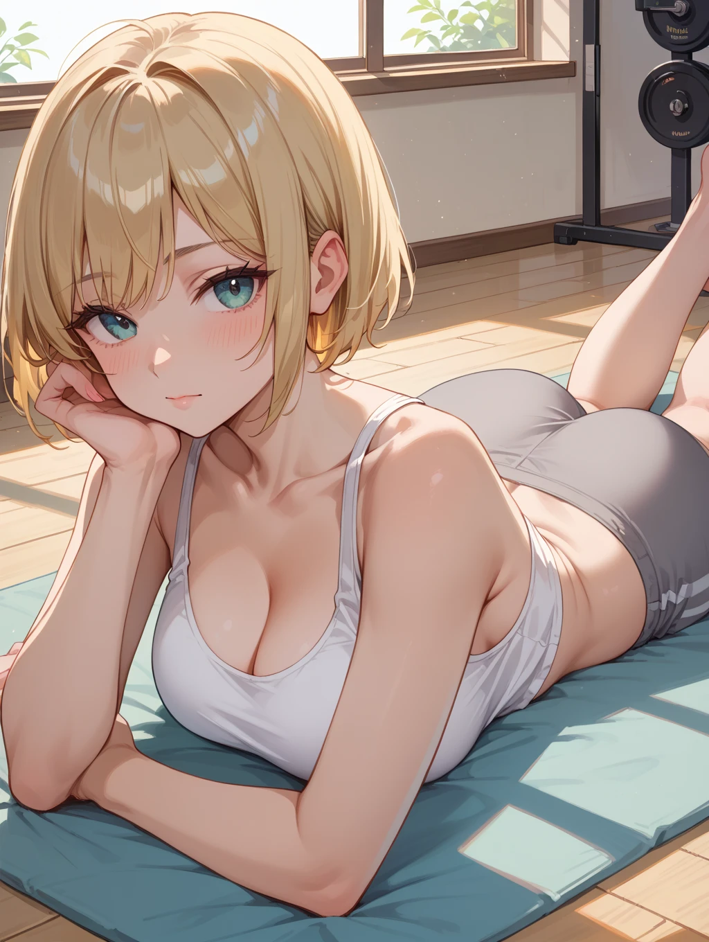 masterpiece, best quality, ultra detailed, ultra high resolution, very detailed face, solo, ((anime)), ((from top angle, directly front shot)), 20 years old girl, (((sports bra, pantie))), ((golden short hair)), (((medium breast))), (six pack abs:1.2), (((put hands around the navel))), ((little smile)), (((lying on the bed))), indoor