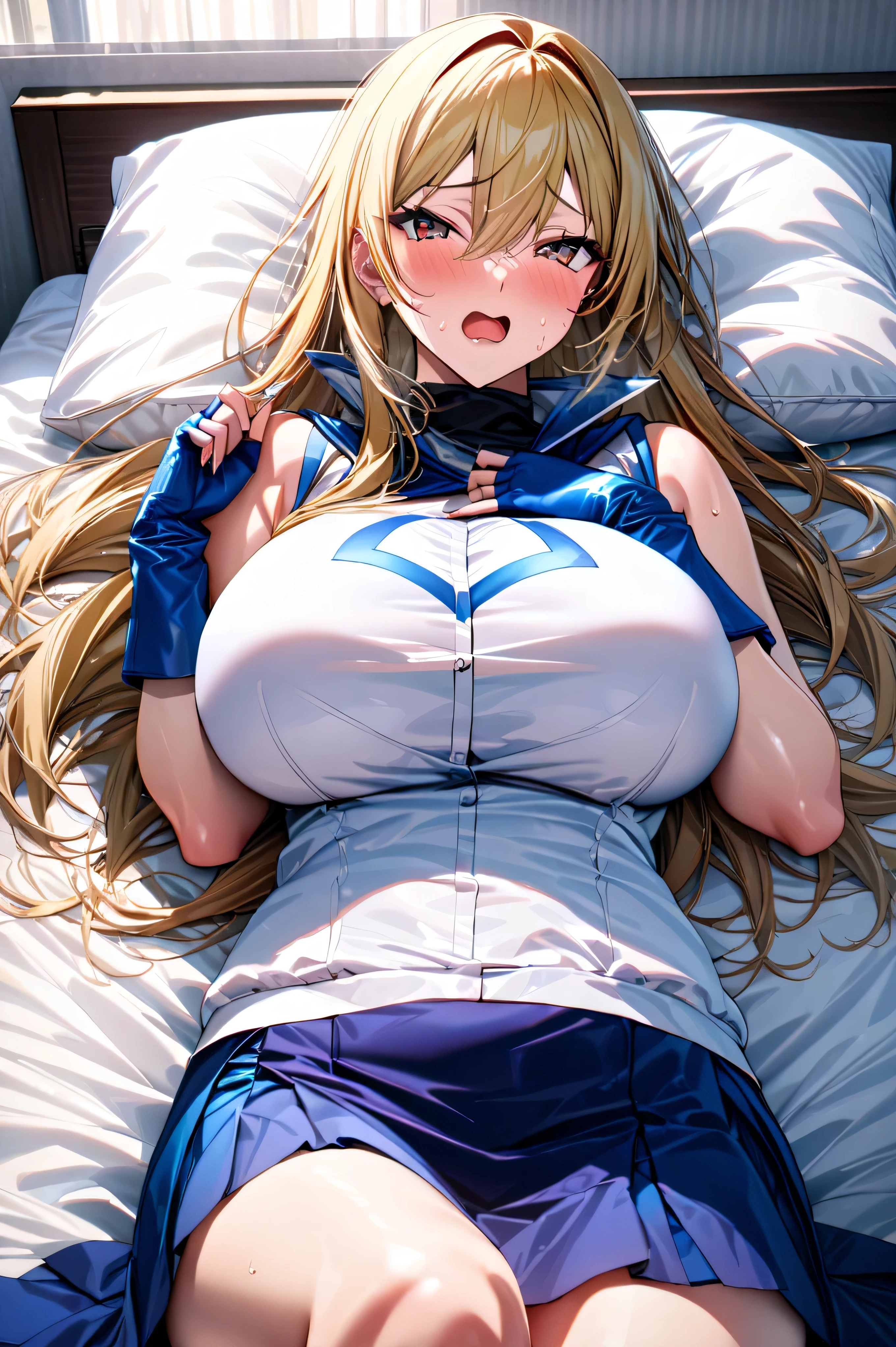 ((Colossal breasts)) Big breasts Boobs Cleavage (glowing blue eyes) Blonde White skin Long hair Pajamas (blush embarrassed expression) Bed Lying Sleeping (defenseless) Face down Looking at the camera Hands of a man grabbing his chest
