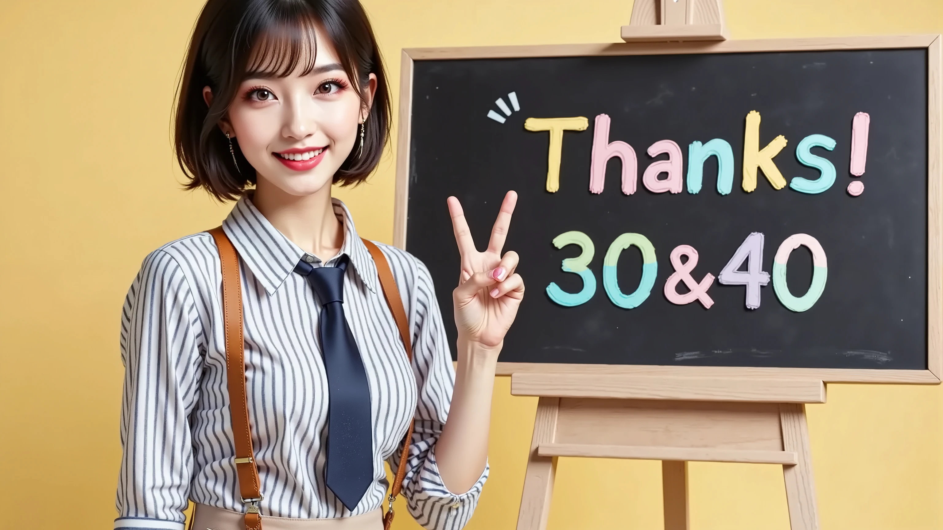 white and black fine striped collared shirt,dark blue tie, (brown suspenders), beige pants, blackboard with colorful letters。color chalk art letter:"Thanks! 30&40!", 1 27-year-old woman holding a blackboard, (kind smile, V sign next to face, ), pastel yellow background,Shorthair, working on a computer with slender eyes, Foxy face, big earrings