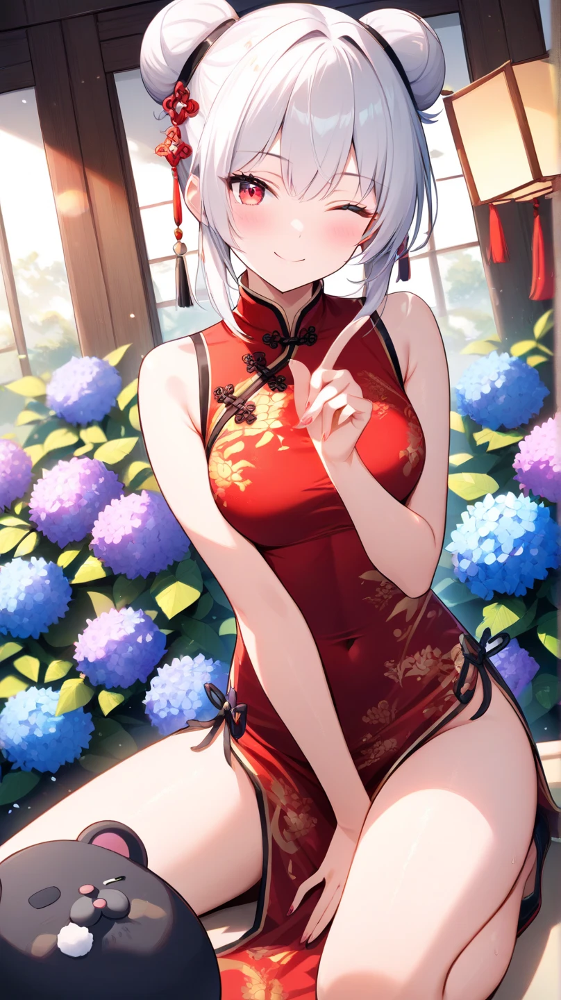Masterpiece, top quality anime illustration, super detailed, single girl, solo, beautiful girl with silver hair, anime loli, cat ear loli, pale green see-through cheongsam, short cheongsam, sleeveless, smile, bare skin lateral breast, thigh focus, cleavage emphasis, hot spring