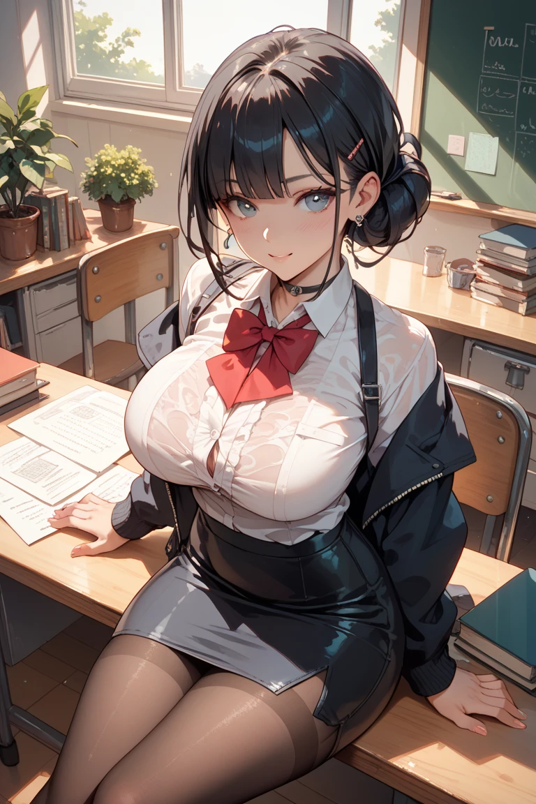 taihousweet, anime - style image of a woman in a skirt and stockings sitting in a chair, seductive anime girl, smooth anime cg art, a hyperrealistic school teacher, hyperrealistic office lady, fine details. azur lane, realistic school teacher, (nsfw) not safe for work, on a chair, from azur lane, beautiful anime girl squatting, black hair, long hair, large breasts, cleavage, white shirt, open shirt, black skirt, short skirt, black stockings, pantyhose, red jacket, open jacket, blazer, feet, soles, barefoot, glasses, wireframe glasses, white panties, seductive anime girl, beautiful detailed eyes, beautiful detailed girl, curvy:1.1, dynamic pose, fashion clothing with diverse colors, full body, (full body shot:1.1), looking at viewer, perfect eyes, perfect face, perfect retina, seductive look, sexy pose, ultra detail face, ultra detail hair, very detailed eyes and face, 8k wallpaper, amazing, ambient occlusion, best quality, CG, cinematic lighting, detailed painting, field of view, fine detail, fluid motion, harmony, (High Quality:1.4), high resolution, huge file size, illustration, interconnected elements, Intricate Details, masterpiece , movie lighting, photorealistic lighting, (photorealistic:1.4), professional artwork, (raw photo:1.2), realistic shadows, reflective art, sharp focus, solo, super detailed, unified, very detailed, (vibrant colors:1.05), vivid lighting, warm and cool color palette, extremely detailed artgerm, trending on artstation pixiv,