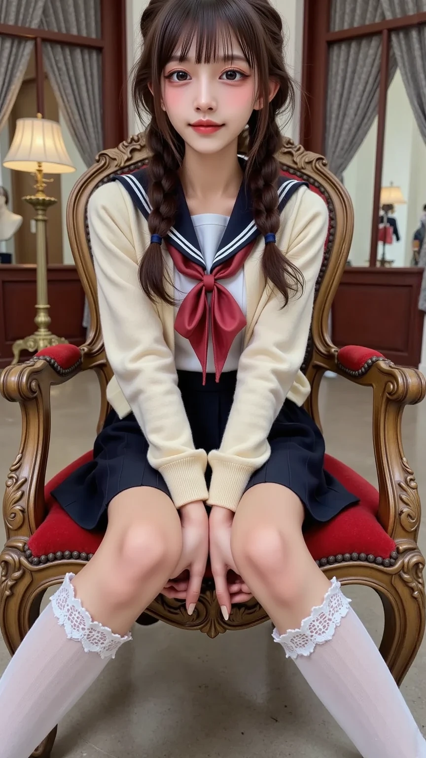 ((highest quality、8k、masterpiece:1.3)),((((fullbody shot)))),Ultra-high resolution,big eyes,Japanese,bangs,(a girl),(1 girl),((20 years old)),((facing at viewer)),(long hair),(((black sailor uniform))),grin,((sitting on chair)),(pleated mini skirt),(((pussy))),(((open legs))),((skirt lift)),((short crew socks))
