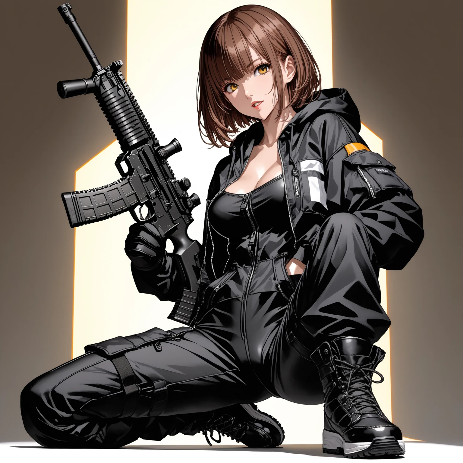 ((highest quality)), ((masterpiece)), (Familiar),,Female Clementine,overload,{{Browsing Caution}},Sleeveless hoodie,Grey Shirt,cargo pants,Captivating smile,whole body,boots,Long coat,Erect nipples