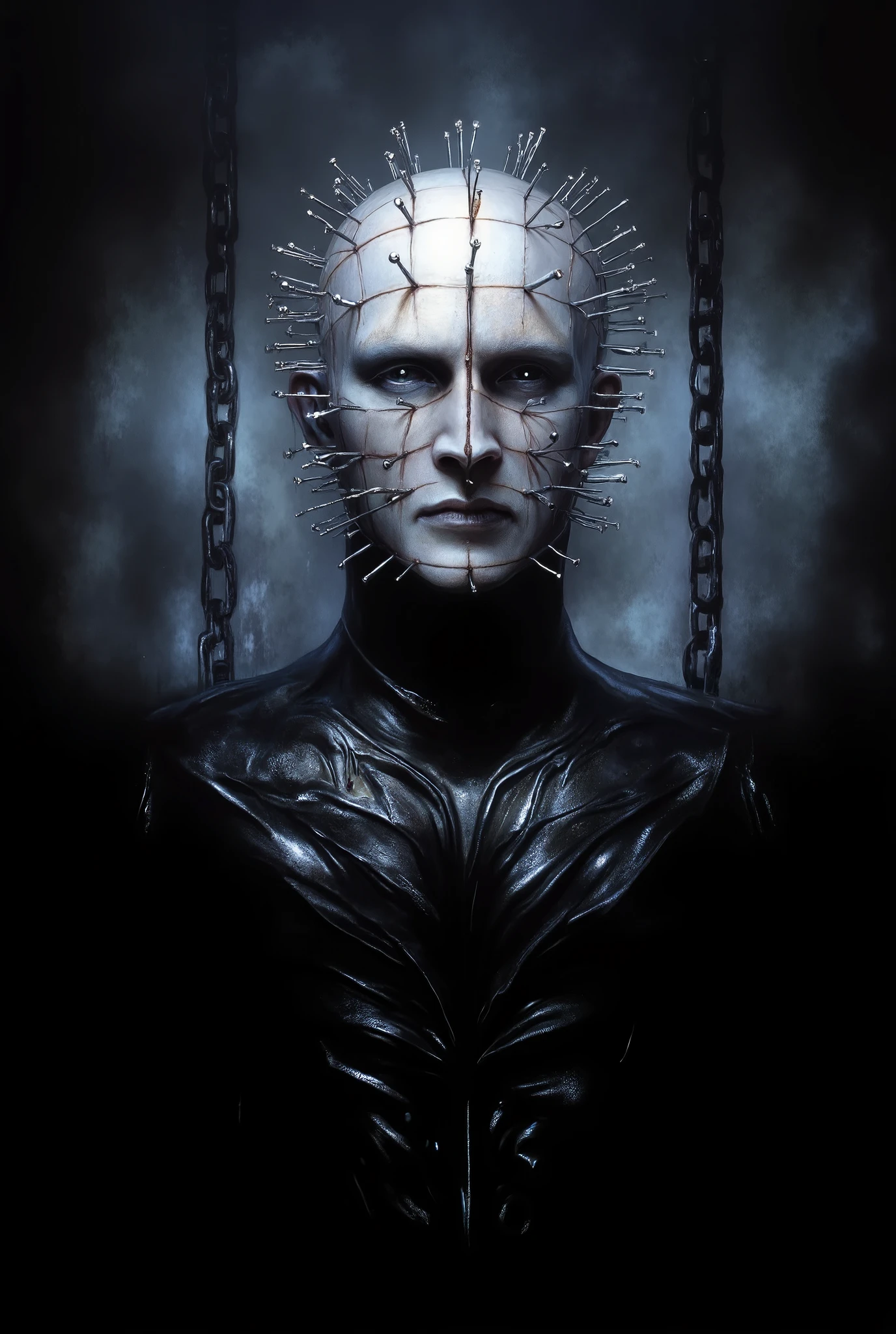 Hellraiser, Pinhead, portrait, dark room, large chains hanging from the ceiling in the background, foggy, darkness and fog background, surreal, high detail, masterpiece.