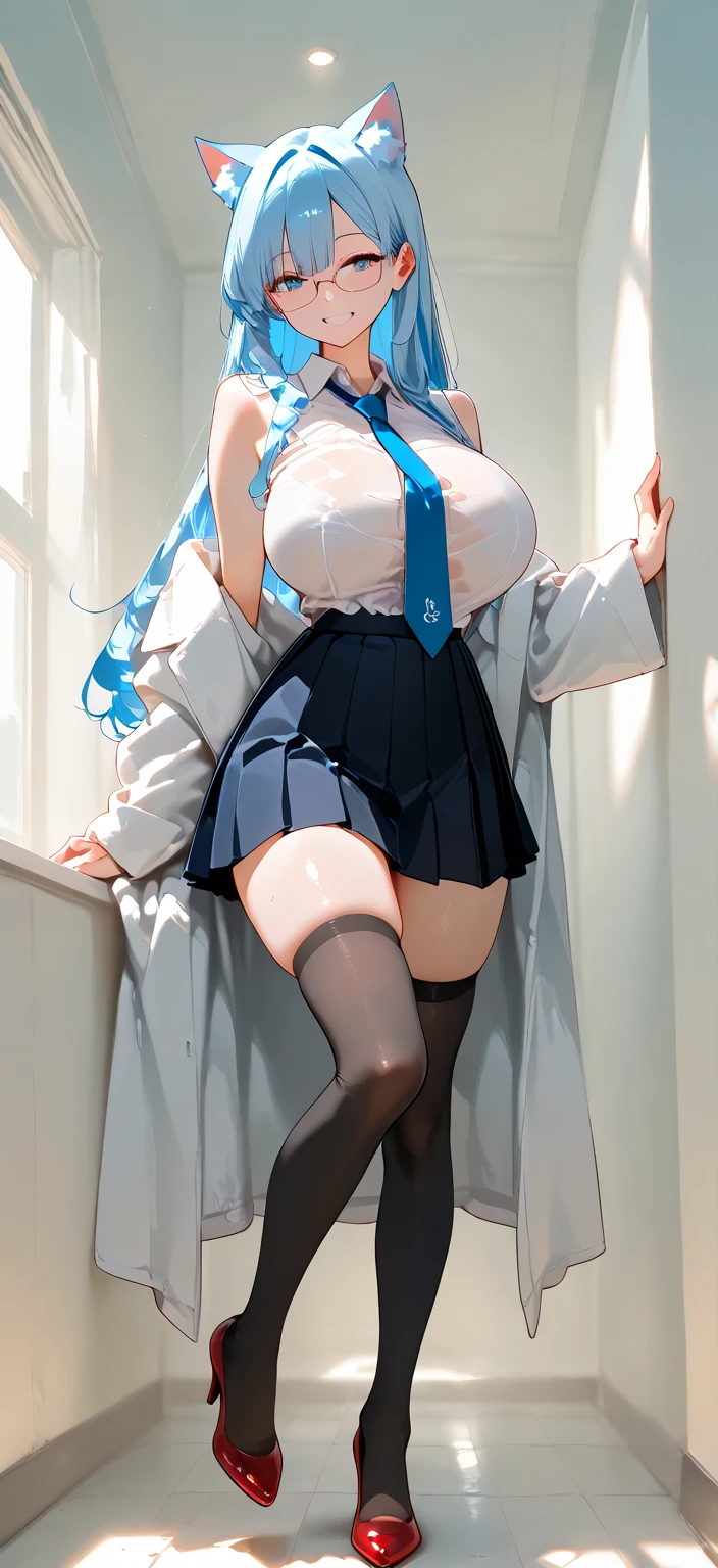 Masterpiece, Top Quality, High Definition, Hi-Res, One Girl, Solo, Angle from Below, Skirt, Shirt, Sheer Shirt, Unbuttoned, Unbuttoned, Fluffy, Cleavage,Protruding , Hard , Pleated Skirt, Socks, Black Skirt, Long Sleeves, Bangs, Black Socks, Dress Shirt, Troubled Look,Blushing, Sweaty, Drenched, Sheer See-through, Sheer Clothing, Skirt fluttering in the wind, Lift up skirt, Crotch line, Hip line, White underwear, Panty shot, Beautiful leg line, Water droplets running down your legs, Drenched lower body, Wet waist area, Excessive crotch droplets, Body parts three-dimensionality, Exposed undergarment, Realistic skin texture, Focused on feet, Kneeling, Kneeling spread, Bright room, Finger shift panty position, Lighting from below, bitten panties