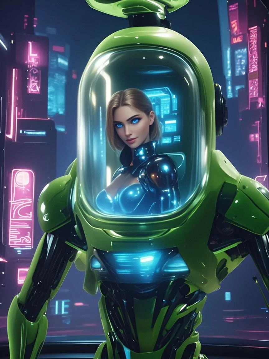 a close up of a woman in a green dress standing in front of a bunch of robots, as a retro futuristic heroine, board game cover art, blonde women, futuristic year 4 0 0 0, lurid, inspired by Laurie Lipton, golden computers, movie screencap, moog hd, by Stevan Dohanos, cp2077 --auto --s2