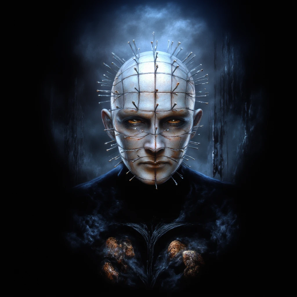 create a black and white 3D Hellraiser image with lightning