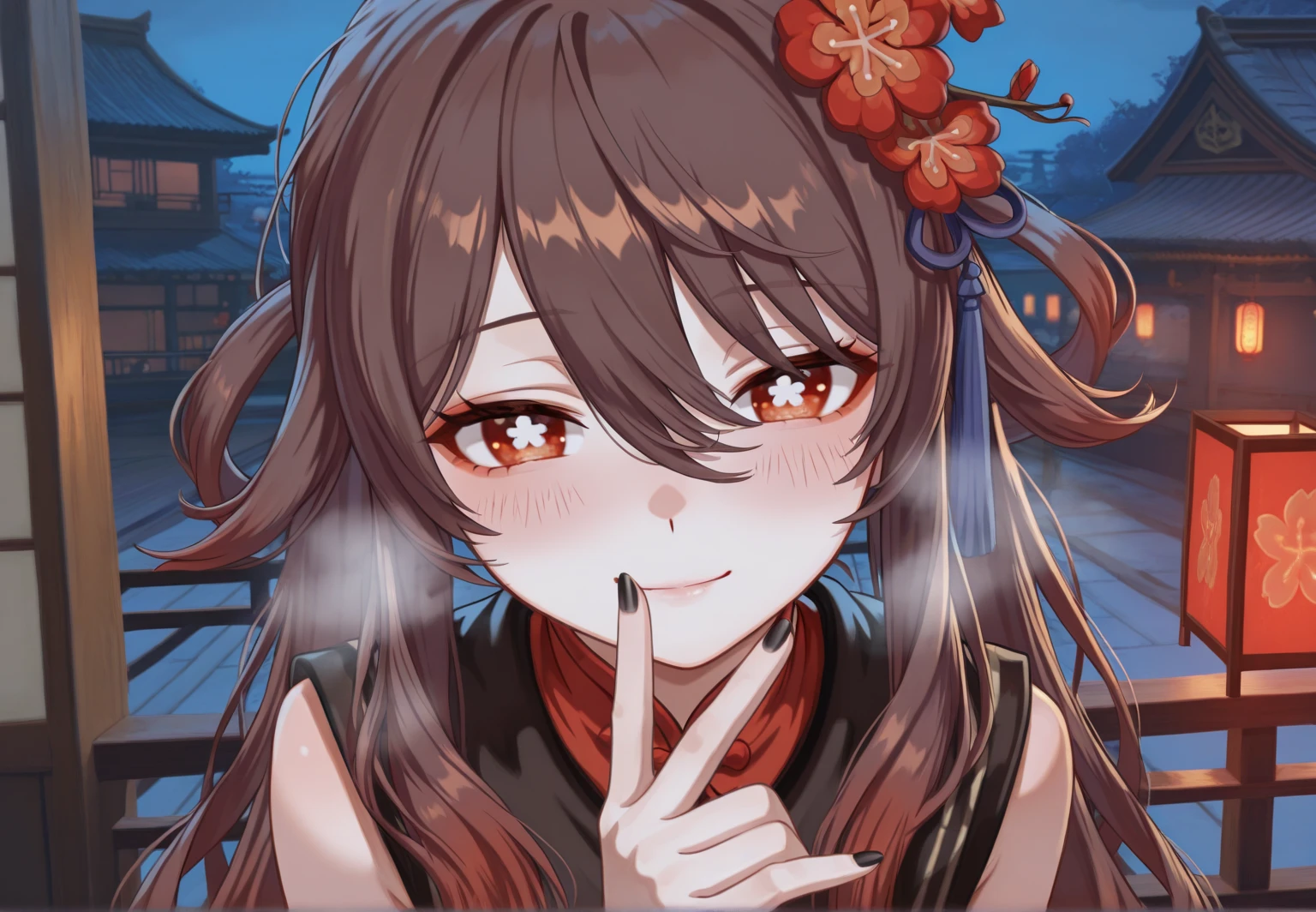 anime artwork, score_9, score_8_up, score_7_up, score_6_up, score_5_up, score_4_up, hu tao, she is 24 years old, style_3, gray background, , , , , _, ,  solo, bridal lingerie, , fellatio gesture