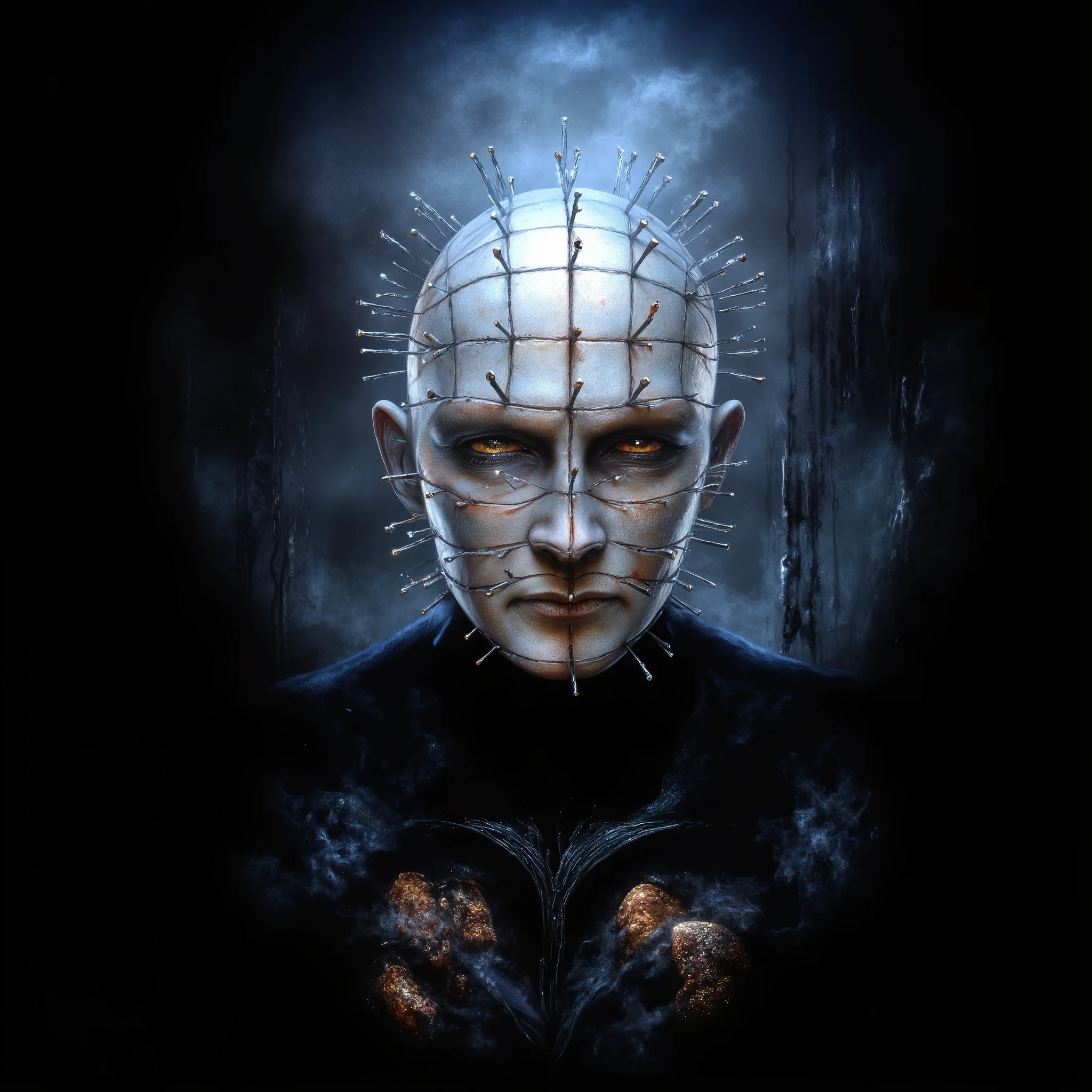 Hellraiser, Pinhead, portrait, dark room, large chains hanging from the ceiling in the background, foggy, darkness and fog background, surreal, high detail, masterpiece.