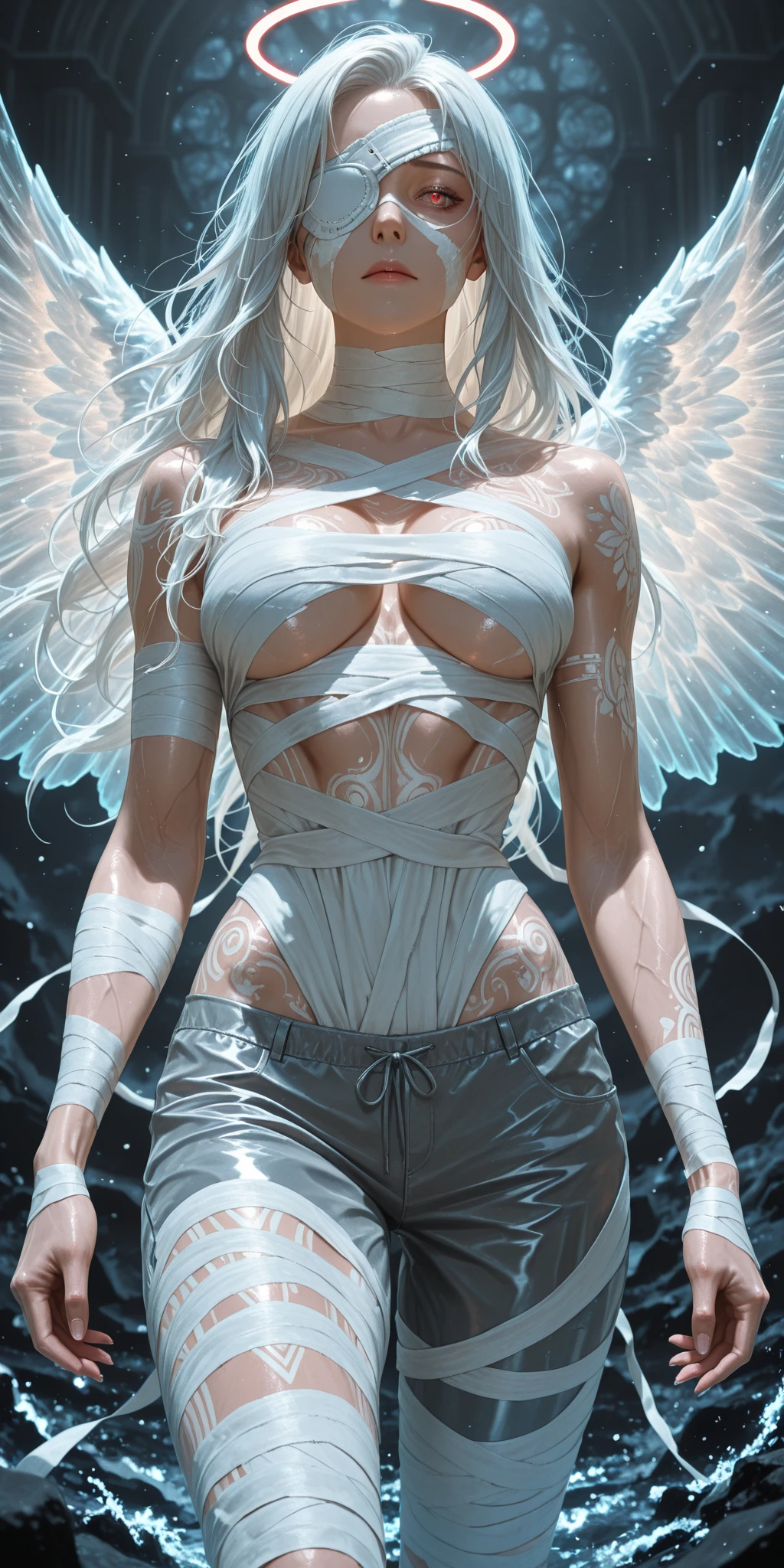 01_((Create a masterpiece, Best quality:1.2), (one girl), (loli, masterpiece, angel, angel wings, simple halo:1.23), (Cleavage completely exposed), ( full growth), (sexy, topless), (black transparent dress), (sexy, erotic ))_((delicate scarlet lips), (straight black hair - long, blue, cascading))). ((Clash of the Titans. Gods and demons in mortal combat), (Fight scene), (Demonic images: (skulls, octopus tentacles, horns, glowing eyes, sexy body, protruding bones on a sinewy torso, belts, metal decorative elements, amulets, esoteric symbolism))_ ((Angels: (beautiful body, (brilliant eyes), (light angle of an angel from behind, very strong body, textured back, anatomically correct proportions))_ ((Very beautifully built male body, fighting a terrible enemy, he is surrounded by demonic women, playing around, flirting, trying to interfere and harm, very beautiful female bodies, demonic images)). between an angel-warrior and demonic creatures) (Lush oil painting with wide strokes, high detail, snow-white skin in the center of the composition, brutal seductive figures of demonic women (Dark monsters). Painting by Bosch, stories by Dante Alighieri, The Divine Hell-Heaven, The Vampire Chronicles by Brian Lumley)).03_ High image quality, 4K | Ultra HD | Full HD, cinematic rendering, 3D visualization - a masterpiece, TOP computer graphics ART. Unreal 8K engine, motion capture, dark lighting, strong shading, warm shadows - cool lighting, high detail. (vivid, photorealistic, dramatic, dark, sharp focus, 8K). Highly detailed textures, materials, stone, metal, decomposition of corpses, bones, skulls. (shades of gray, red, black, elements, metallic shine, red fire). (Destroyed architecture floating in space - debris, stones, ruins, magical pentagrams, amulets, ornaments, Kabbalistic symbols. Film grains, dust and particles in the air)).