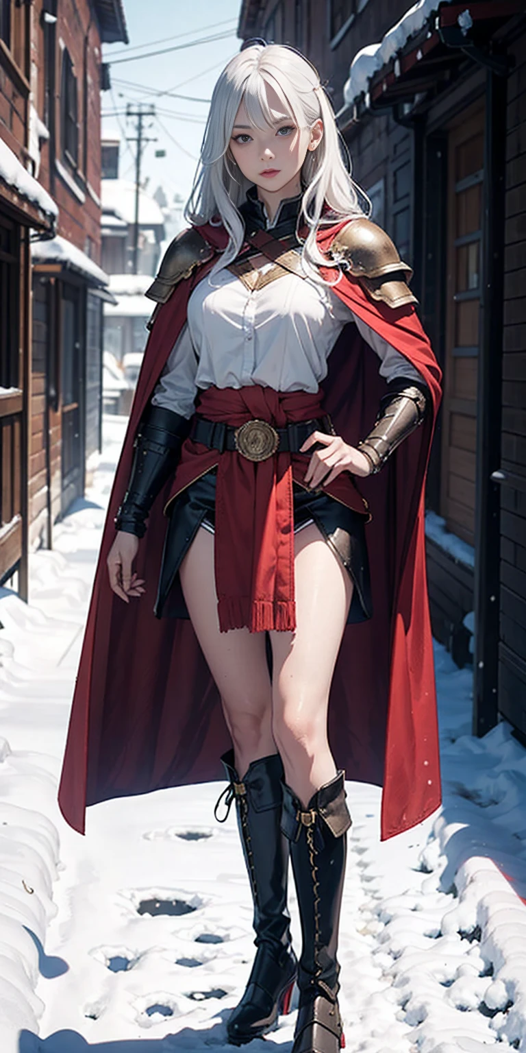 full body standind straight symmetrical, FEMALE warrior princess, big belt around waist, hair, very white skin like snow, wearing full heavy armor red cape, brown leather boots, adventurer outfi, veteran warrior milf bimbo, lustful smirking smile face (red blush)