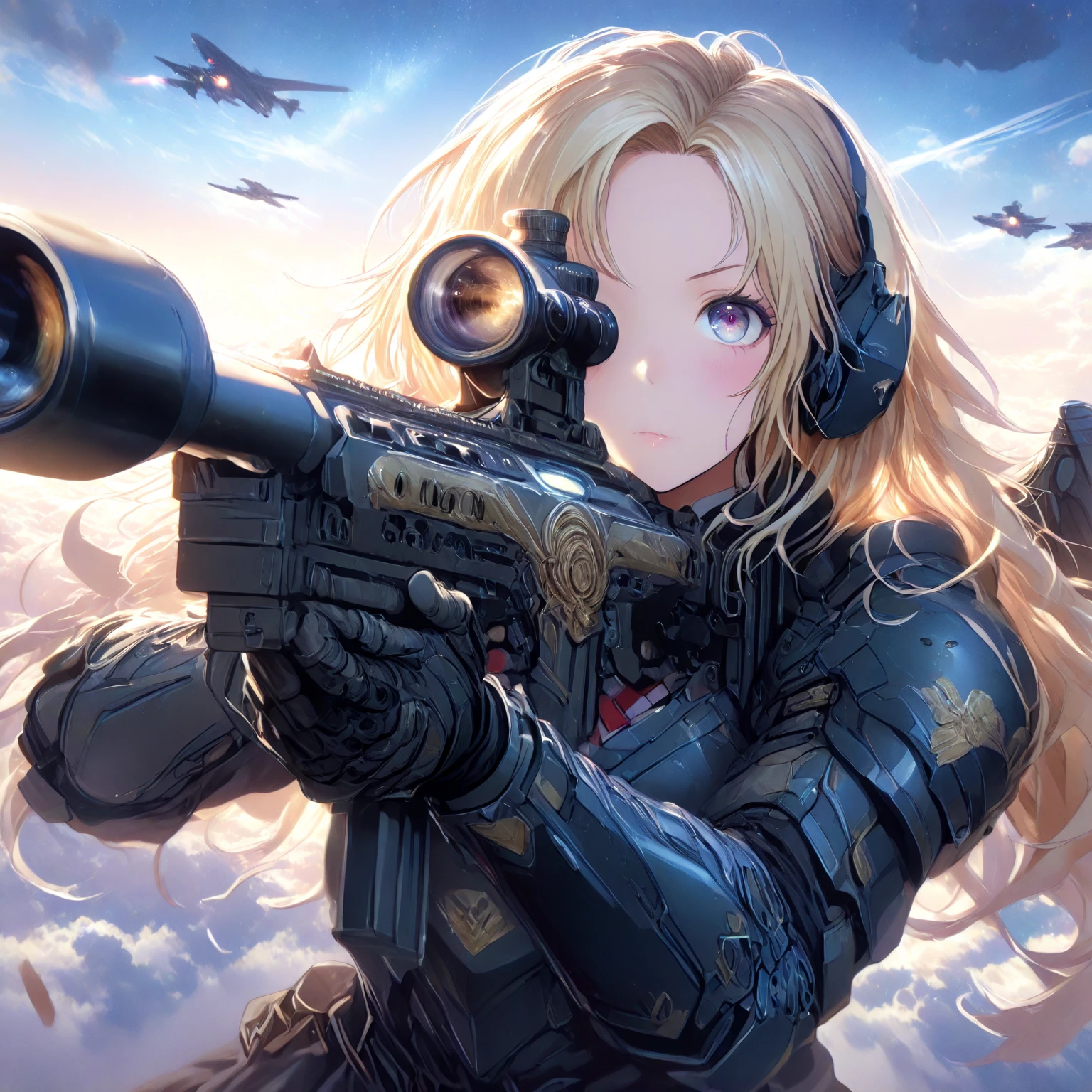  **Prompt1** Equipped with a huge beam rifle々And the stance、Wearing full silver armor, surrounded by stars、A full-body shot of a serious and powerful pose、A masterpiece of a mechanical girl depicted at dynamic angles with absurd details。Armor suit with white mechanical wings on the back。 **Prompt2** Night rooftop background、A skyscraper stands in the midst of a burning city、Holding a huge beam rifle、A side shot of a serious and powerful mecha girl with speed lines。 **Prompt 3** Short hair and long pointy ears、blue eyes、With sharp teeth and fangs、Blonde center-parted bangs、Thick eyebrows、Wear a flat chest、Profile of a crouching mechanical girl holding a giant beam rifle、Starry night sky background、Aiming for something far away。 **Prompt 4** The skyscrapers burn brightly、Night rooftop background燃え上がる都市の風景。Surrounded by the chaos of a burning city、Holding a huge beam rifleた機械少女が全身ショットで真剣かつ力強い表情で立っている。