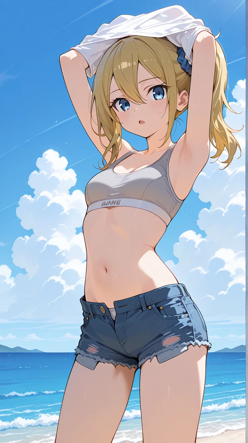 European junior high school girl track and field Raise both arms wide Open legs wide Beautiful girl Blonde Silky white skin Short hair Small breasts Slim Beautiful legs Skin is delicate and beautiful White tank top The tank top is transparent White underwear The underwear is transparent Skin The underside of the chest is visible The side of the chest is visible The clothing is wet The belly button is exposed The whole body is sweaty The hair is wildly messy The hair is wet The shy expression From directly below Perspective: Armpit hair is growing 