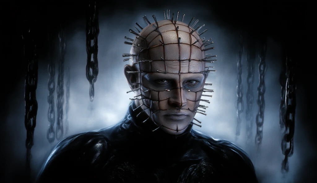a man with a pin head in his head in a dark room, pinhead from hell collector, hell collector, Clive Barker, jason, Dwayne Barlowe, Without head, Esteban,, splicing children, Borg, Horrible appearance, the Borg, Morpheus, matrix), matrix ), horror”, horror ”, pill head, Matrix movie cables