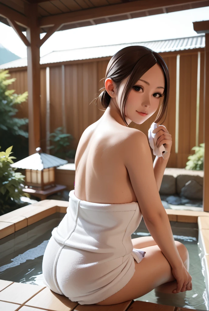 ( highest quality、8k、masterpiece: 1.1 )、( １people&#39;s women : 1 )、( The background is a Japanese rock open-air bath and Japanese garden with snow falling at night. : 1.2 )、( Beautiful delicate very high quality deep background )、night sky with moon visible、Detailed skin texture、Crystal clear white skin : 1、smile、fine eyes、double eyelid、beautiful woman with very perfect figure: 1、She has medium long brown hair tied up.、perspective from far away : 1、full body shot。Light pink lace underwear : 1、Soaking in the bathtub : 、Standing posture with the waist arched back。
