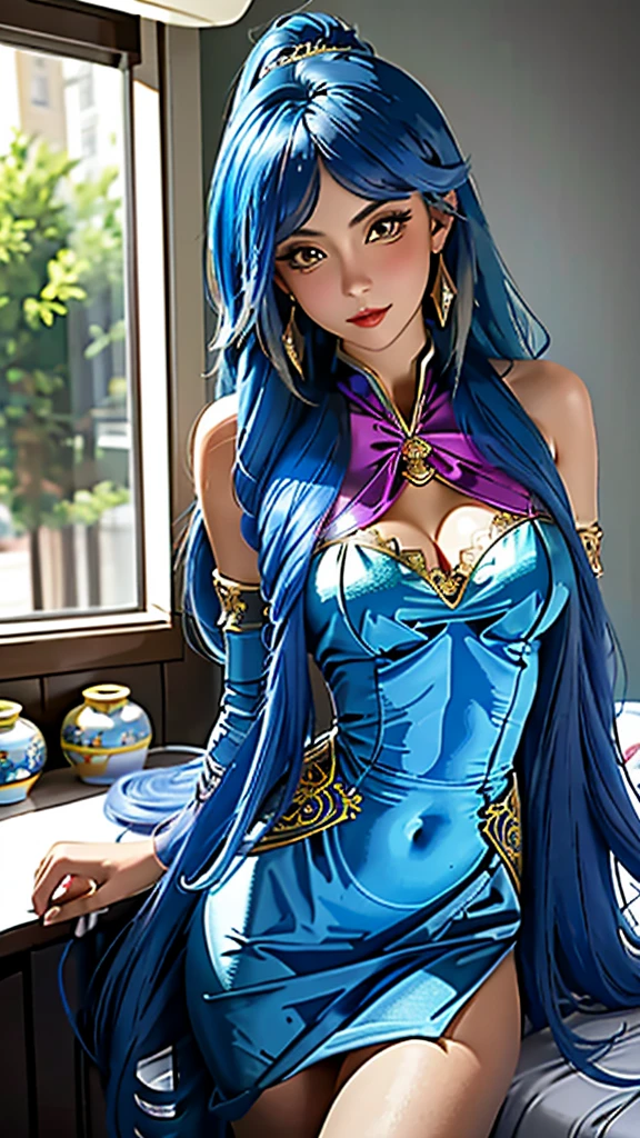 anime girl with blue hair and purple eyes posing for a picture, hestia, ayaka genshin impact, blue scales covering her chest, extremely detailed artgerm, portrait knights of zodiac girl, tsuaii, zerochan art, by Kamagurka, azure. detailed hair, artgerm on artstation pixiv, smooth anime cg art