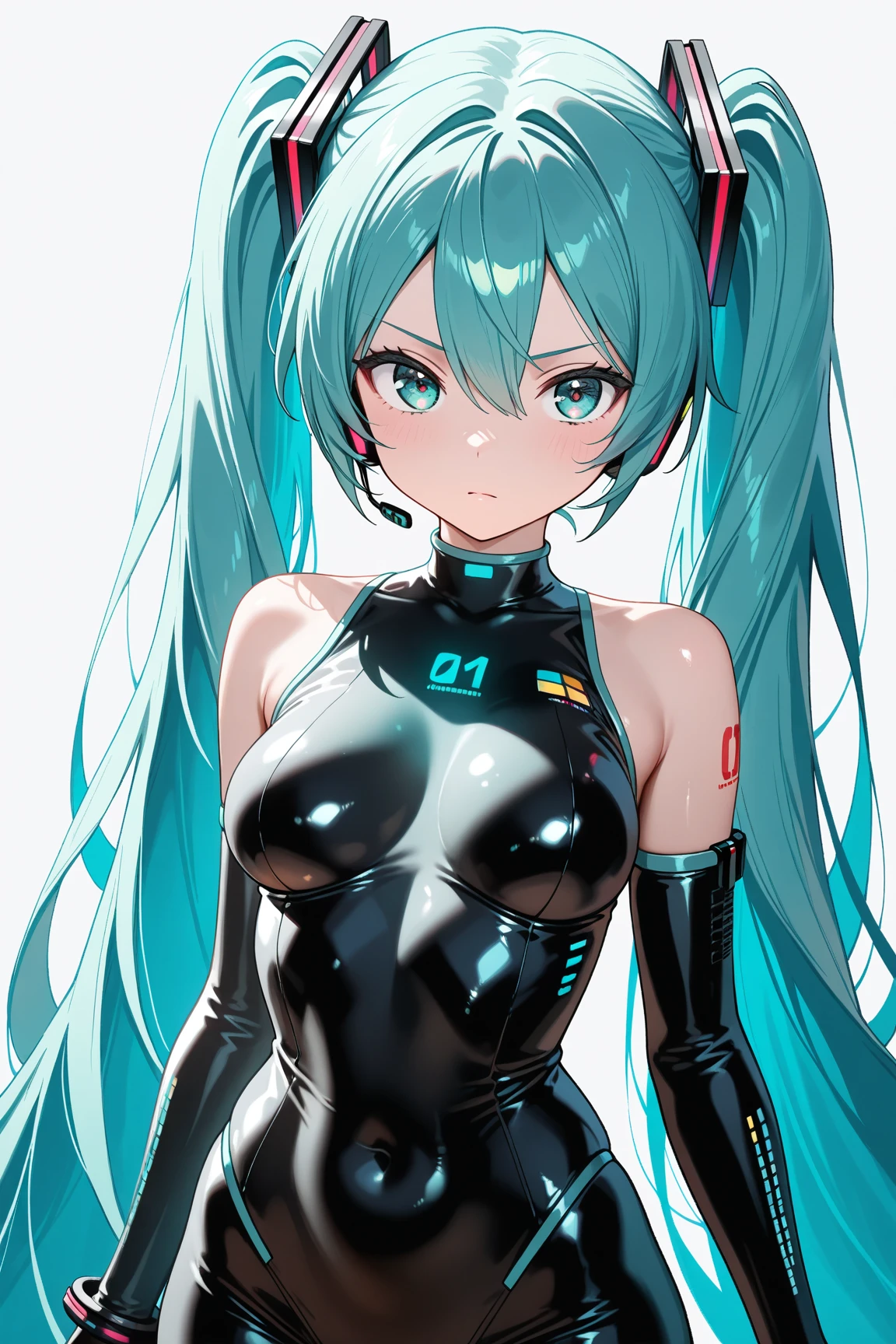 1girl,solo,cowboy shot,standing,(blue green hair:1.3),very long hair, twin tails,bangs,(red hair ornements),(blue green eyes:1.2),(beautiful fingers:1.4),(perfect anatomy:1.4),(arms_behind_back:1.6)(cold_shoulder:1.2),BREAK,(race queen uniform:1.6),(leotard:1.6),(silk lace glossy lamé:1.4),(latex luster shiny glossy:1.6),(shiny_clothes:1.6),medium breasts,beautiful breasts,(masterpiece,best quality:1.2),(Ultra high definition eyes:1.2),8k,(Beautiful detailed eyes:1.2),(Fine and beautiful eyes:1.2),(pretty eyes:1.2),finely detail,extremely CG, absurdres,high resolution,illustration,Detailed and beautiful outlines,finely detail,high resolution,(colorful refraction:1.4,Increase saturation:1.2),beautiful lighting,dynamic lighting,closed room,black background,simple background, smile,looking at viewer,racing2011,black sleeves,(black thigh boots:1.4)