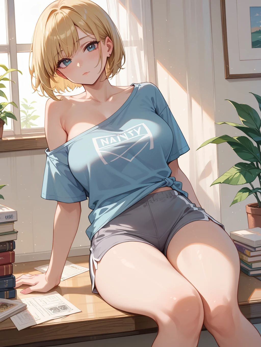 zPDXL3, score_9, score_8, score_7_up, full body, perfect feet, 

 horny, playful, smile, hungry for orgasm, cozy, horny smile , 

 blonde hair ,

 curly hairstyle ,

1girl, adult girl, slim, slender,  


short dress, colorful clothes ,

 black t-shirt ,

 small tits, milf 
,

 oversized socks ,


(very high angle, from above, from top):32, 

 
sitting, spread legs ,

 Bioluminescent forest, pulsating plant life, dark underbrush, soft blue light , (cozy lighting, warm lighting):7, 