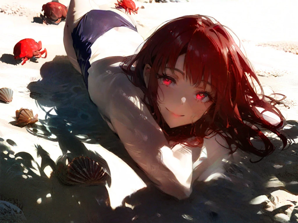 Naked teen girl with cat ear at the beach one eye red one eye blue and laying down on her back