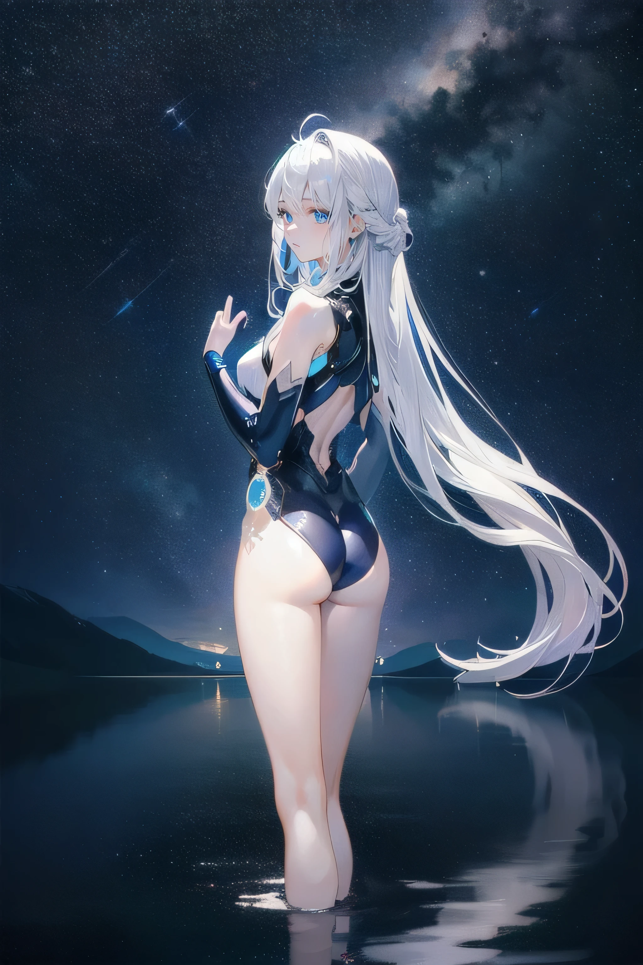 1girl, bright, blonde, gray gradient blonde, mesh gray hair, short hair, light blue eyes colorful hair, saleme, side light, light particles, wallpaper, big, plump, idol, swimsuit, loose fluffy, smile, gentle, clear, loli