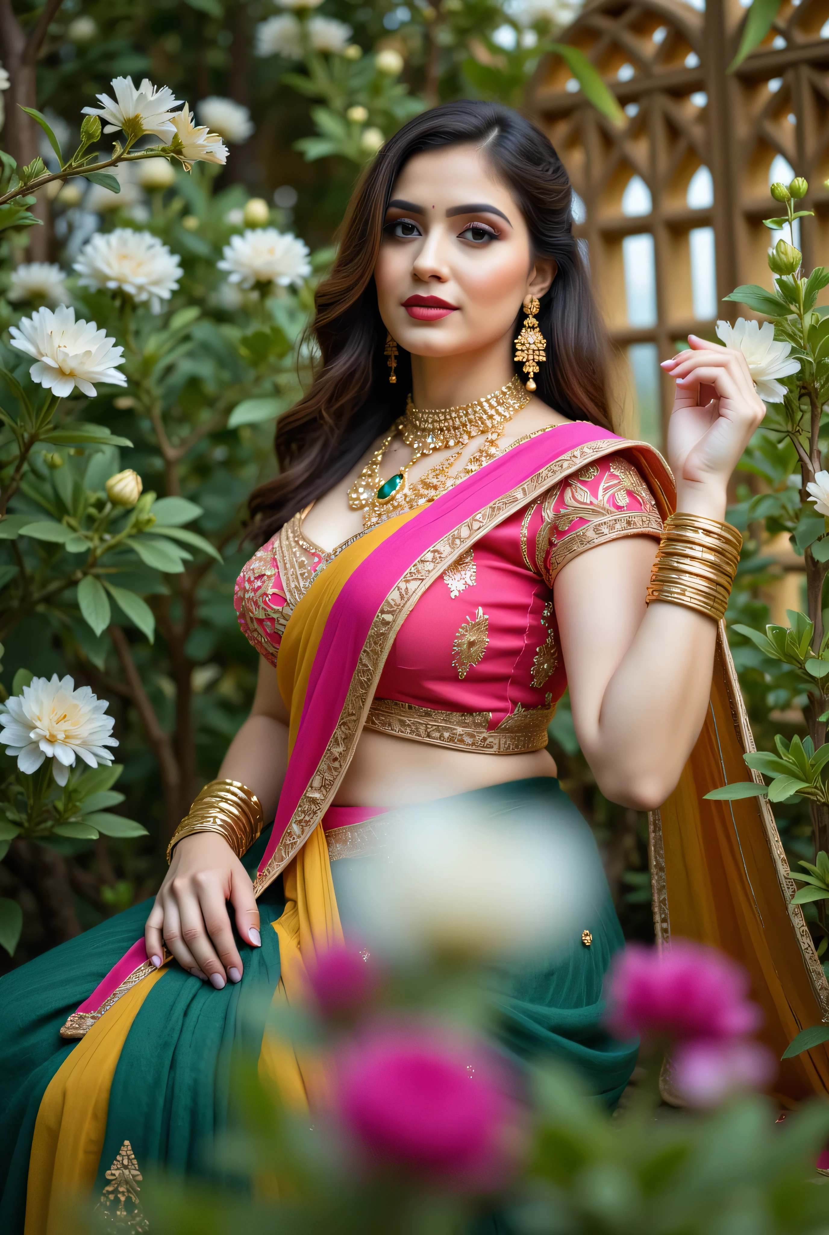 A captivating portrait of a beautiful woman in a traditional Indian saree, posed elegantly in a lush garden setting. The saree is a stunning combination of vibrant yellow and black, adorned with intricate gold embroidery and embellishments. The blouse features a deep neckline with ornate golden patterns, seamlessly blending with the saree’s rich, luxurious fabric. The saree's pallu drapes gracefully over her shoulder, accentuating her poised and graceful demeanor.

The woman has long, flowing hair styled in soft waves, complementing her refined and graceful appearance. Her skin has a warm, glowing complexion, enhanced by subtle,natural makeup with a hint of blush and glossy pink lips. Her striking eyes are accentuated with soft eyeliner and long lashes, and she wears a traditional bindi on her forehead, adding a touch of cultural elegance.

She is adorned with traditional Indian jewelry, including a grand gold necklace with emerald gemstones, matching chandelier earrings, and stacked golden bangles. The jewelry sparkles subtly under the soft natural light. The setting features a garden filled with blooming white flowers, lush greenery, and intricate lattice structures, creating a serene and romantic atmosphere.Lighting is soft, with natural sunlight filtering through the foliage, casting delicate shadows and highlights on her face and attire. The overall mood of the image is one of elegance, grace, and timeless beauty, with a rich, vibrant color palette that highlights the cultural and artistic elements of traditional Indian fashion.Style: Hyper-realistic, vivid colors, high-detail embroidery, intricate jewelry design, soft natural lighting, graceful pose, serene garden ambiance.Camera Settings: maximum resolution DVI-D: 2560 x 1600 @60Hz
DisplayPort: 4096 x 2160 @60Hz
HDMI: 3840 x 2160 @60Hz / 4096 x 2160 @24Hz, portrait orientation, shallow depth of field, focus on the subject, soft background blur to enhance the model's prominence.