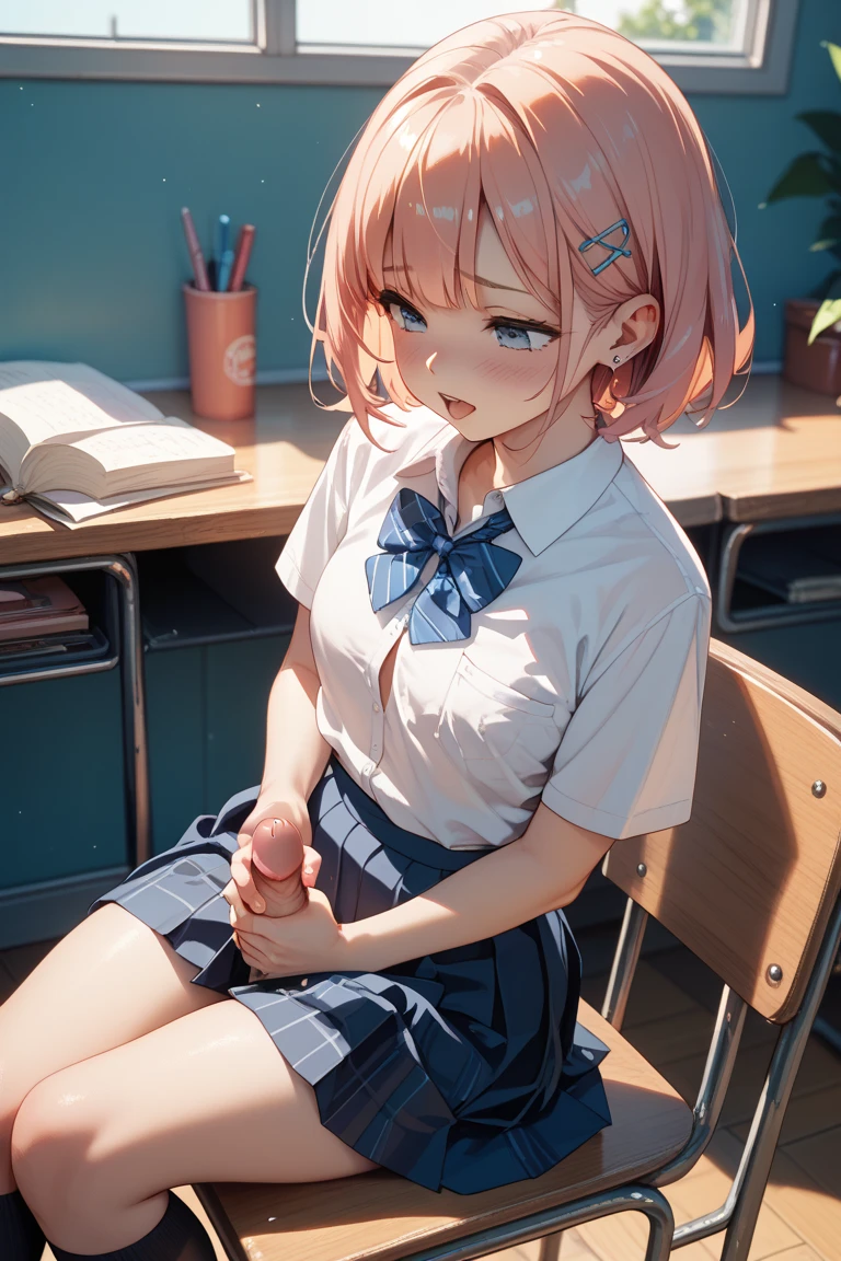 ((table top, highest quality, High resolution, nffsw, perfect pixel, 4k, nffsw, nffsw))), 1 girl, single, alone, beautiful woman、I could see the whole body、 ((short wavy hair, bangs, brown hair)), ((brown eyes, beautiful eyelashes, realistic eyes)), ((detailed face, blush:1.2)), ((smooth texture:0.75, realistic texture:0.65, realistic:1.1, Anime CG style)), medium breasts, dynamic angle, perfect body, ((school uniform, white shirt, black skirt, unbuttoned shirt、plaid skirt、white socks)), classroom without people、sit at desk、..、evening、、、Very embarrassing panic smile、lift the skirt with your right hand、open your legs、open your knees wide、puusy , pussy line, pussy、(pink lace bra)、angle from below,